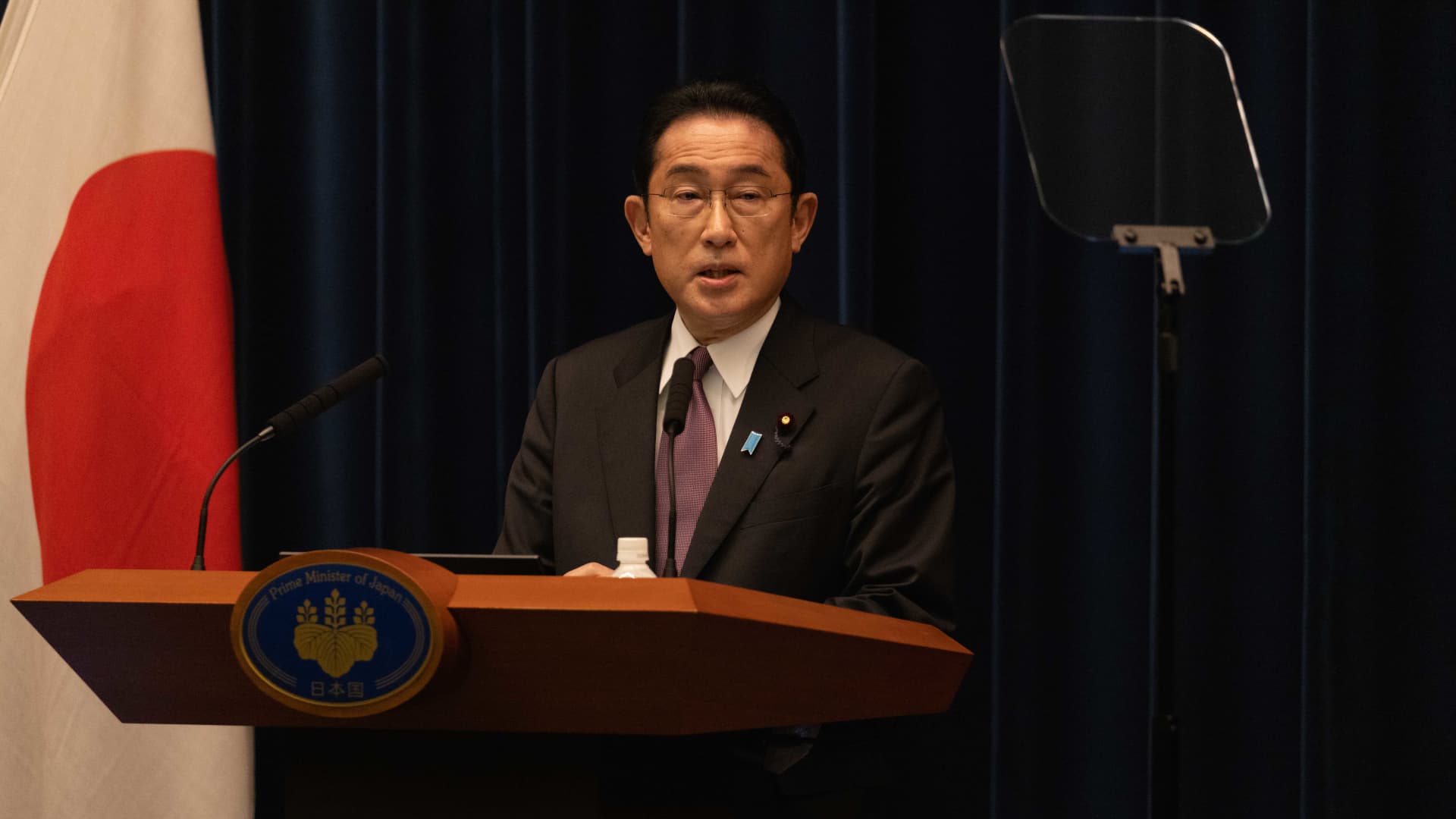 Japanese Prime Minister, Fumio Kishida, speaks during a press conference on March 16, 2022 in Tokyo, Japan.