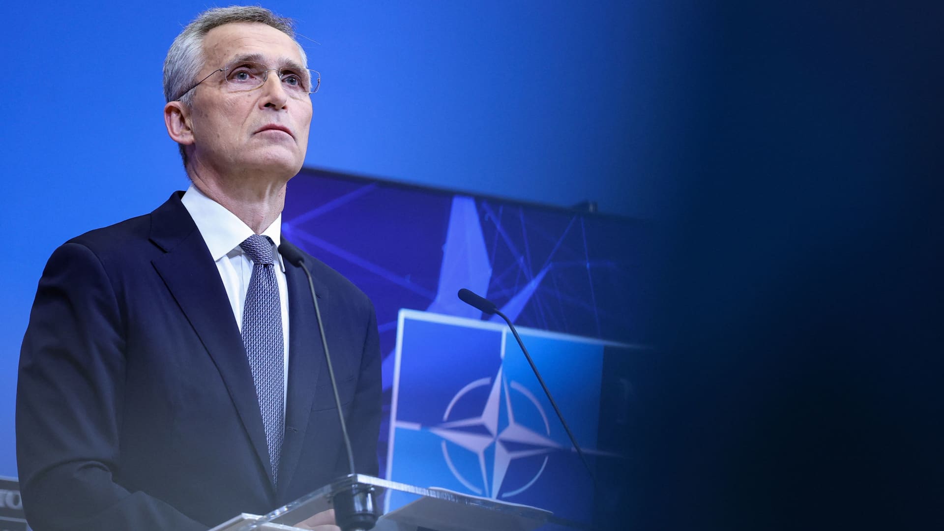 NATO Secretary General Jens Stoltenberg speaks during a press conference ahead of the alliance's Defence Ministers' meeting at the NATO headquarters in Brussels on March 15, 2022.