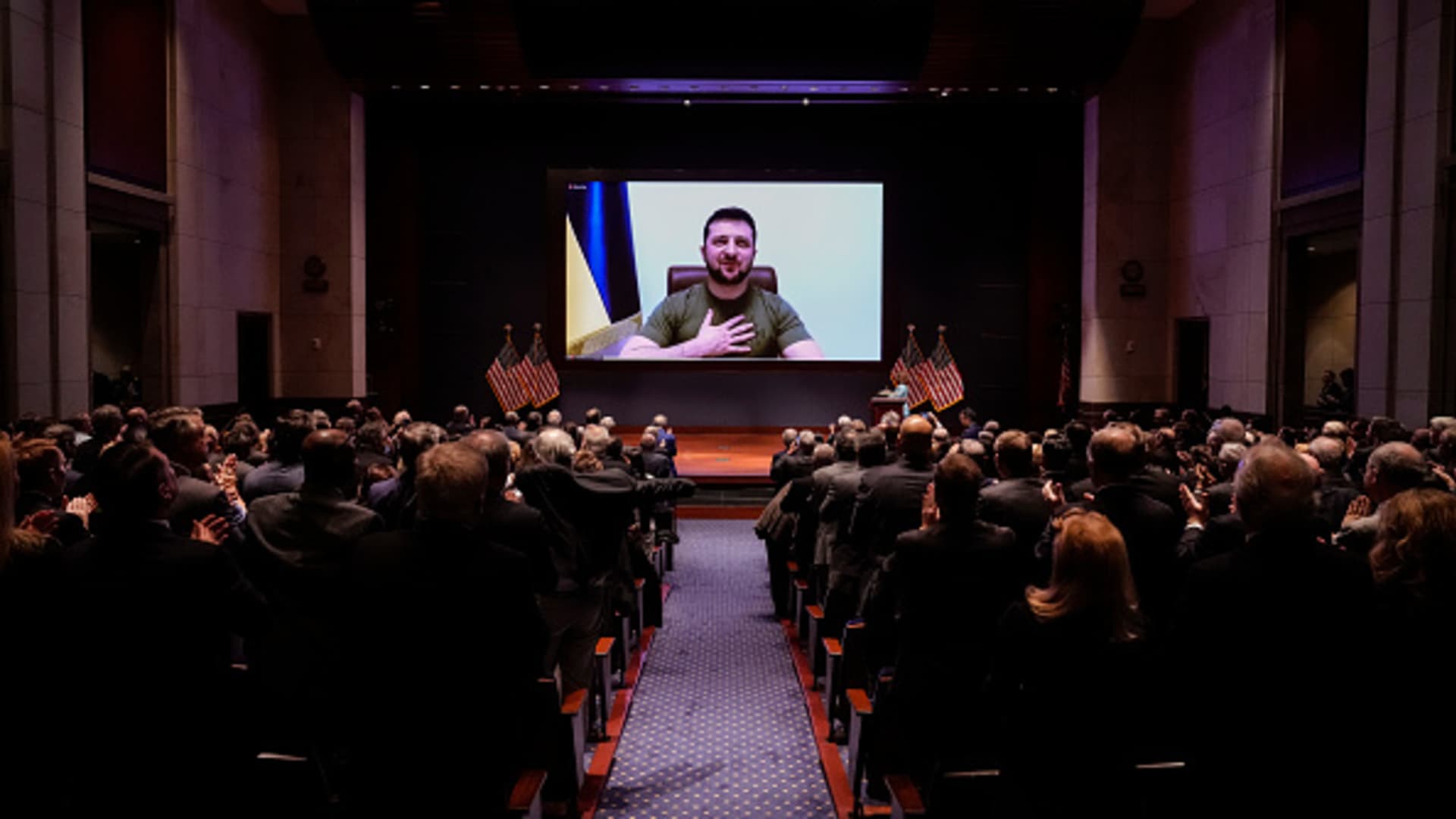 Ukrainian President Volodymyr Zelenskyy delivers a virtual address to Congress at the U.S. Capitol on March 16, 2022 in Washington, DC. Zelenskyy addressed Congress as Ukraine continues to defend itself from an ongoing Russian invasion.