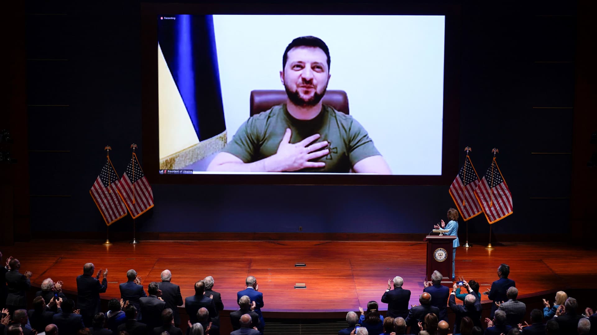 Ukrainian President Volodymyr Zelensky virtually addresses the US Congress on March 16, 2022, at the US Capitol Visitor Center Congressional Auditorium, in Washington, DC.