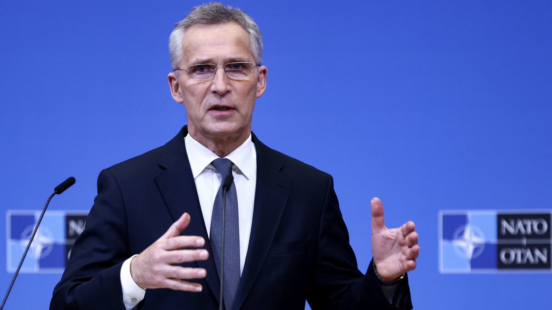 NATO Secretary General Jens Stoltenberg speaks during a press conference after a meeting of the alliance's Defence Ministers at the NATO Headquarter in Brussels on March 16, 2022.