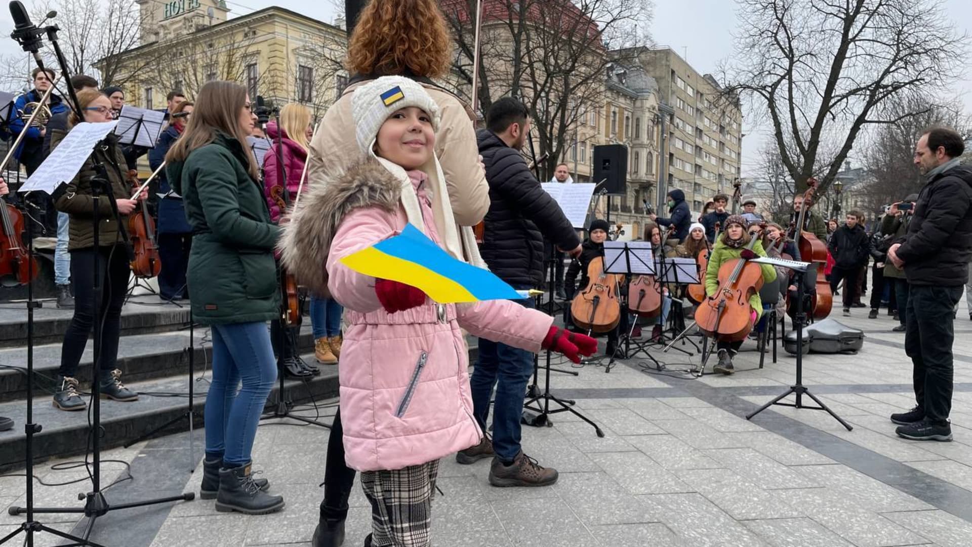 Russian attacks are protested with a concert on March 16, 2022 in Lviv, Ukraine. Concerts were held at Rynok Square and Svobody street by Lviv Symphony Orchestra and Mikola Lisenko Music Academy.