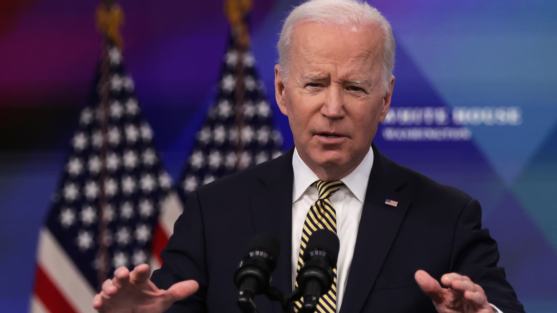 U.S. President Joe Biden speaks on Ukraine during an event in the South Court Auditorium at Eisenhower Executive Office Building near the White House on March 16, 2022 in Washington, DC. President Biden delivered remarks on U.S. assistance to Ukraine.