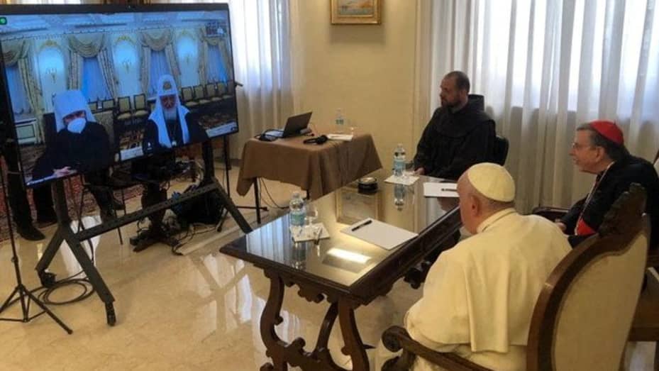 Pope Francis and Russian Orthodox Patriarch Kirill hold a virtual meeting, amid Russia's invasion of Ukraine, at the Vatican, March 16, 2022.