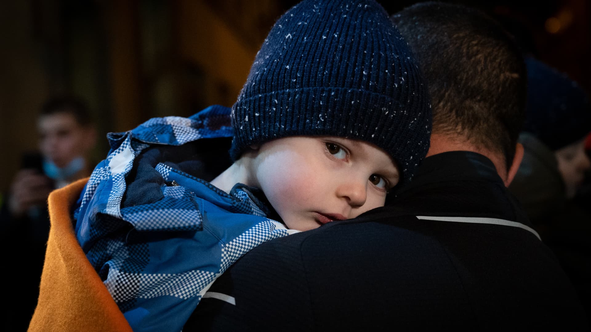A taxi driver takes a Ukrainian refugee child in his arms from his taxi as they arrive to Madrid. A convoy of taxis traveled from Madrid to the Polish-Ukrainian border carrying humanitarian aid and bringing back Ukrainian families fleeing Russia's invasion of Ukraine, in total 133 refugees, of which 60 are children. The convoy arrived to the foundation 'Mensajeros de la Paz', which will provide them accommodation.