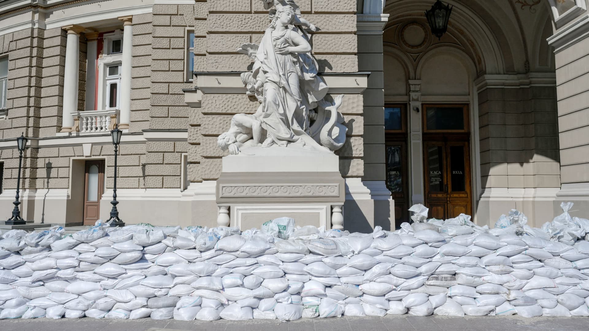 A barricade is pictured in front of the National Academic Theater of Opera and Ballet in Odessa on March 17, 2022.