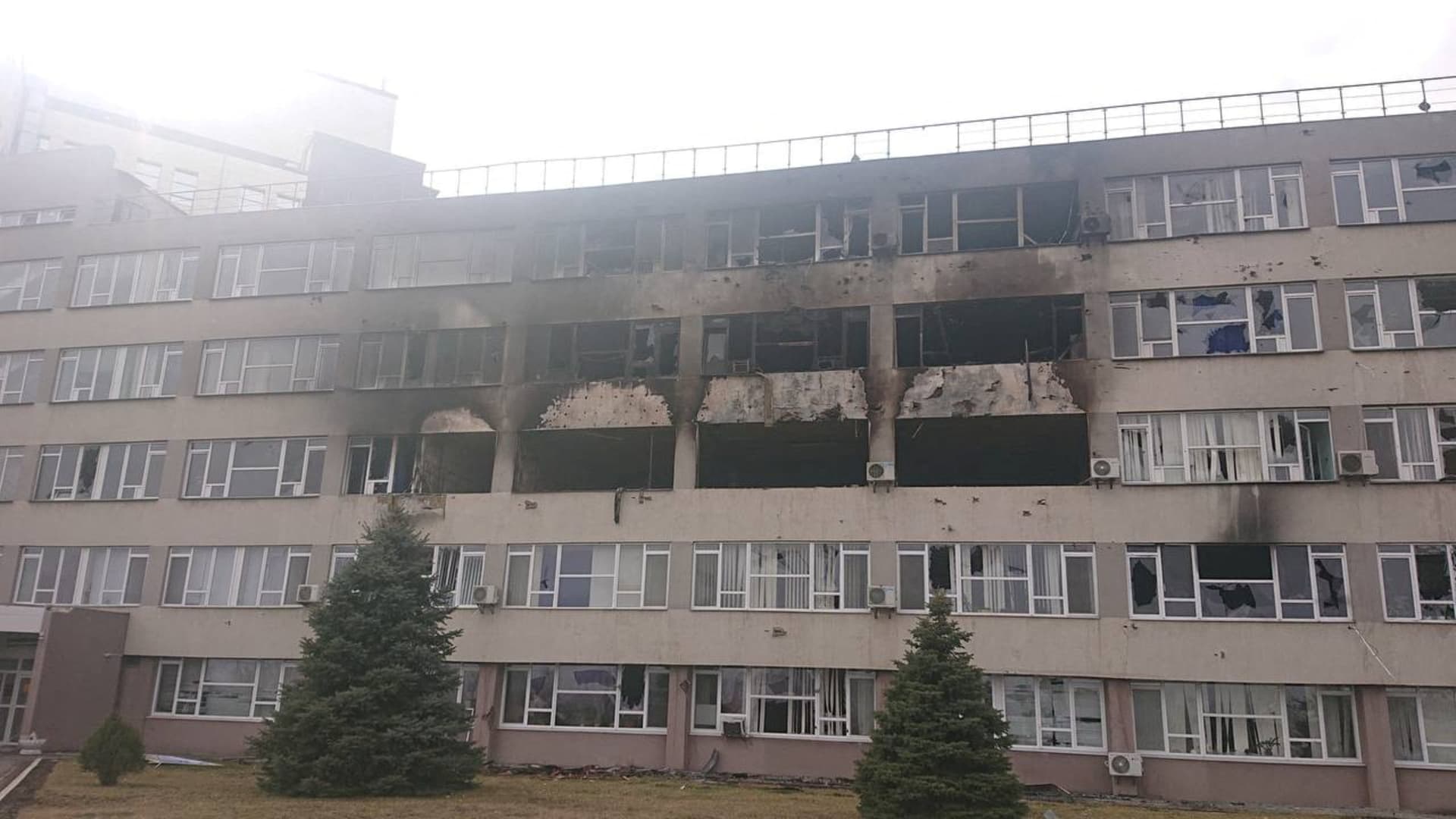 A view shows a damaged building at the Zaporizhzhia Nuclear Power Plant compound, amid Russia's invasion of Ukraine, in Enerhodar, Zaporizhzhia region, Ukraine, in this handout picture released March 17, 2022.