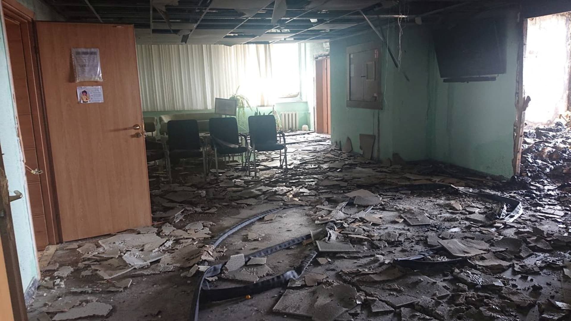An interior view shows a damaged building at the Zaporizhzhia Nuclear Power Plant compound, amid Russia's invasion of Ukraine, in Enerhodar, Zaporizhzhia region, Ukraine, in this handout picture released March 17, 2022. 