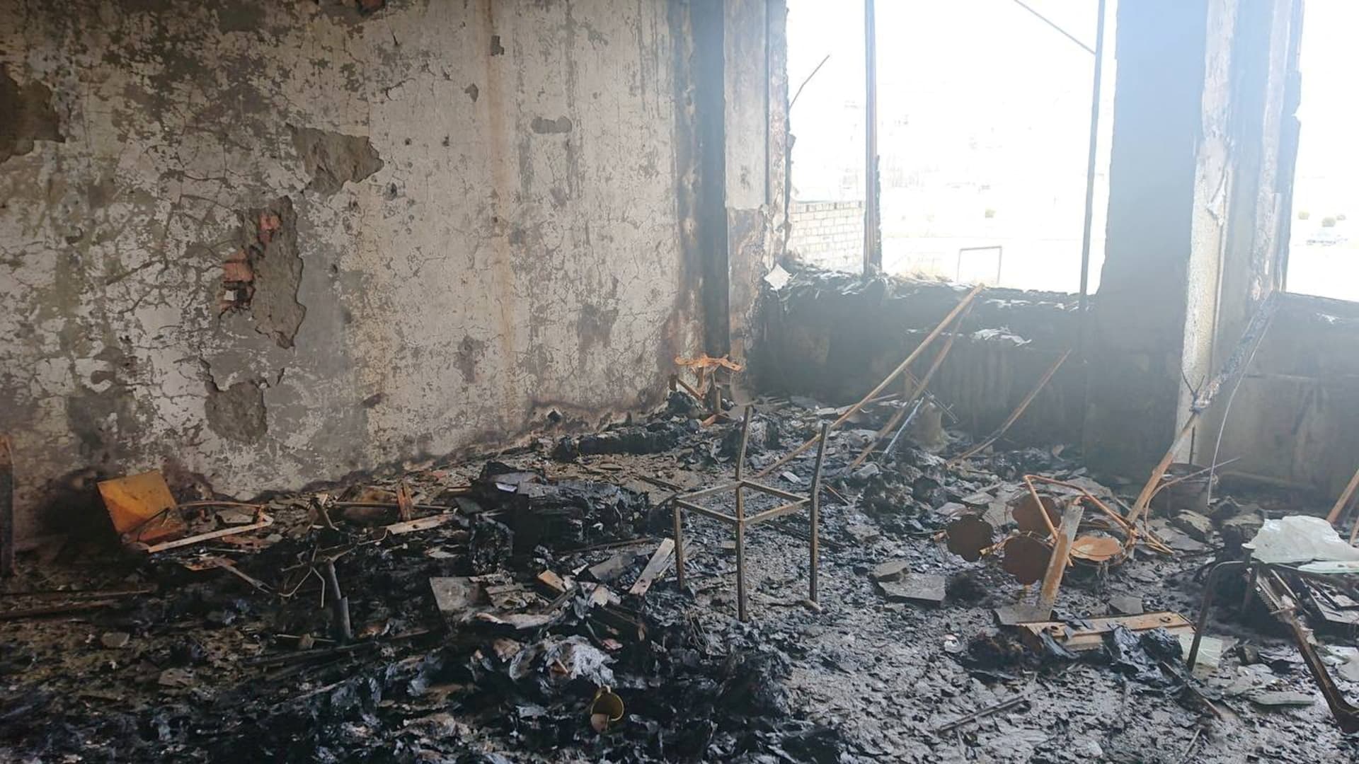 An interior view shows a damaged building at the Zaporizhzhia Nuclear Power Plant compound, amid Russia's invasion of Ukraine, in Enerhodar, Zaporizhzhia region, Ukraine, in this handout picture released March 17, 2022.