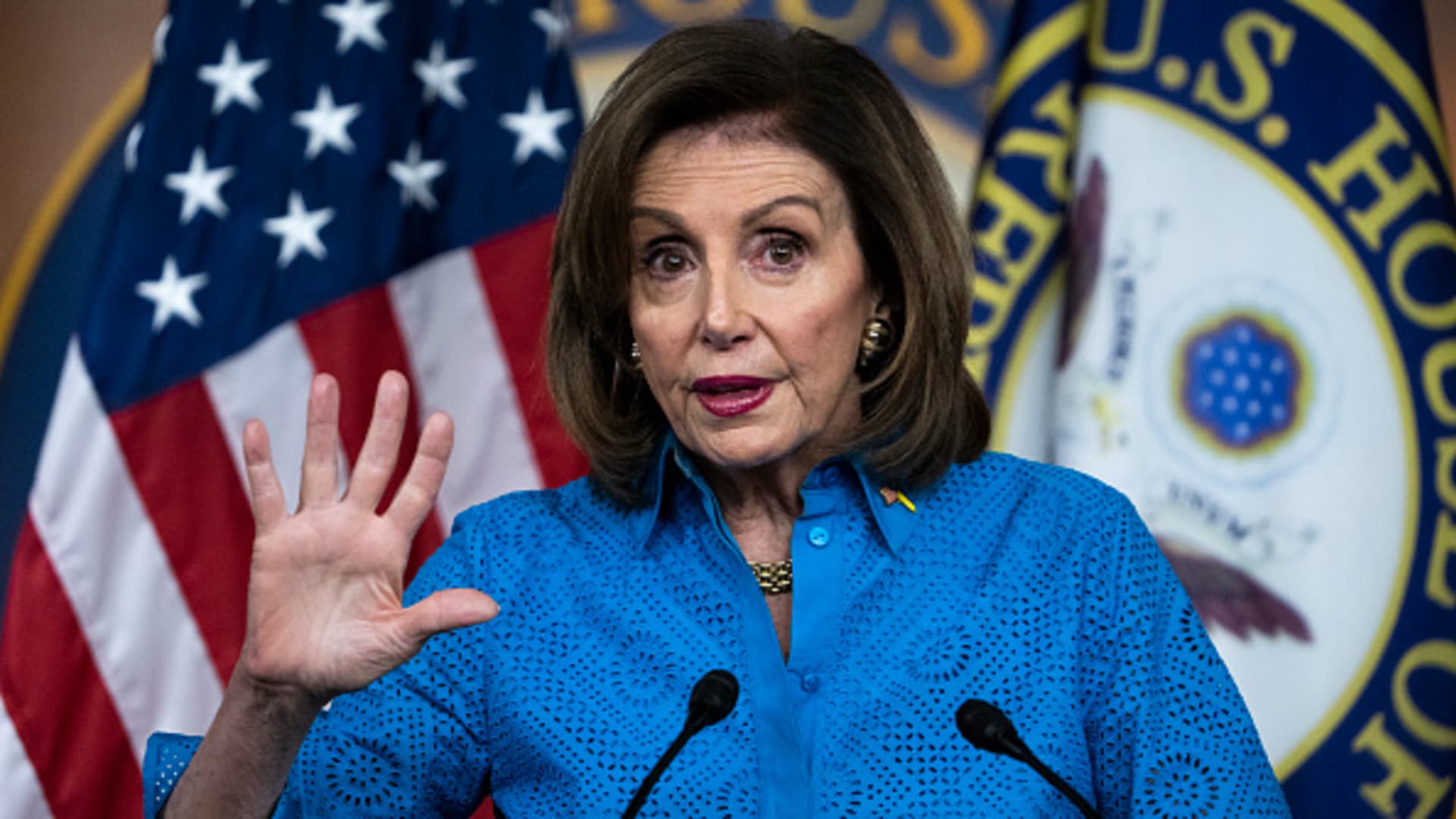 Speaker of the House Nancy Pelosi, D-Calif., conducts her weekly news conference in the Capitol Visitor Center where she addressed the Russian invasion of Ukraine on Thursday, March 17, 2022.