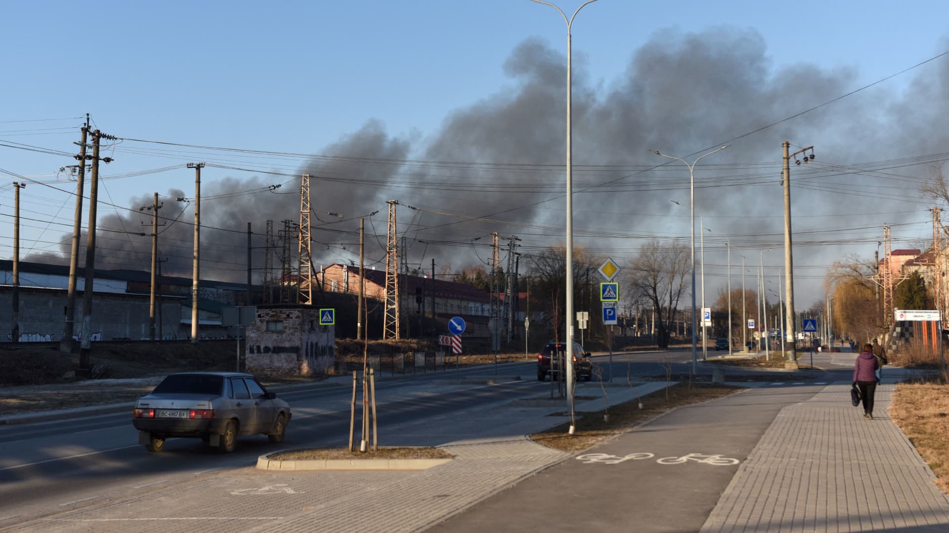 Smoke rises after an explosion in the western Ukrainian city of Lviv on March 18, 2022.