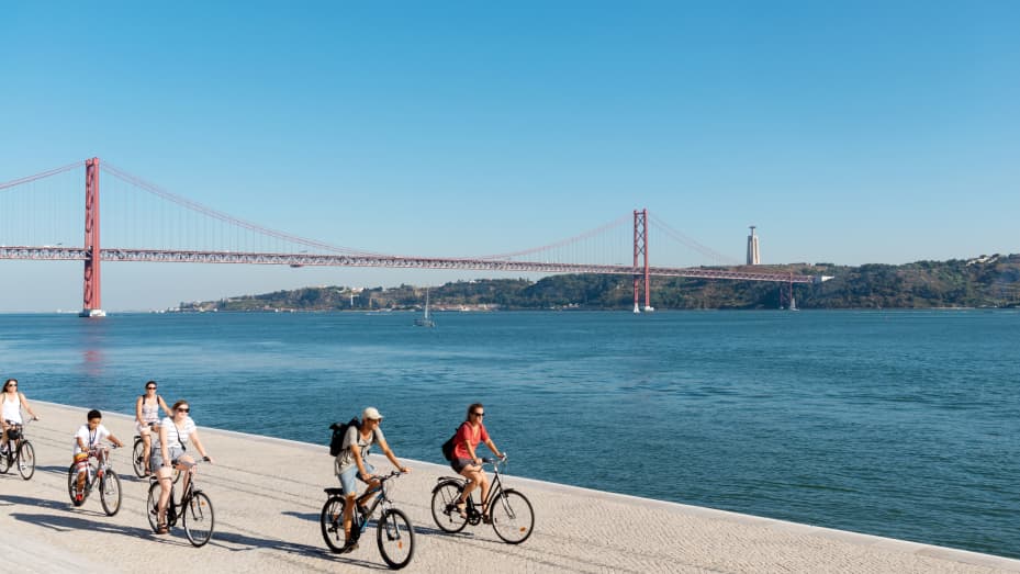 Cyclists photographed in Lisbon, Portugal, in October 2018.