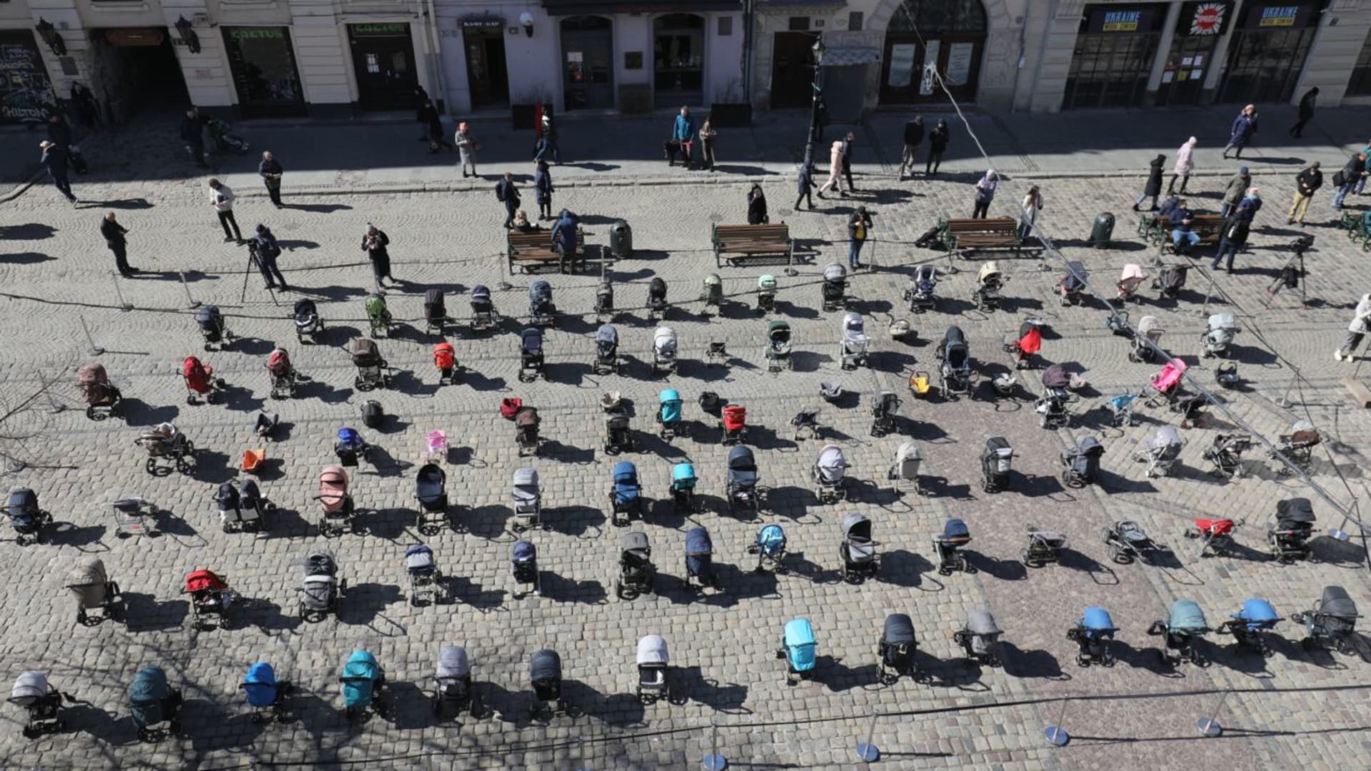 109 empty strollers placed on Lviv's Rynok Square on March 18. Ukrainian authorities say 109 children have been killed by Russian attacks since Russia invaded Ukraine.