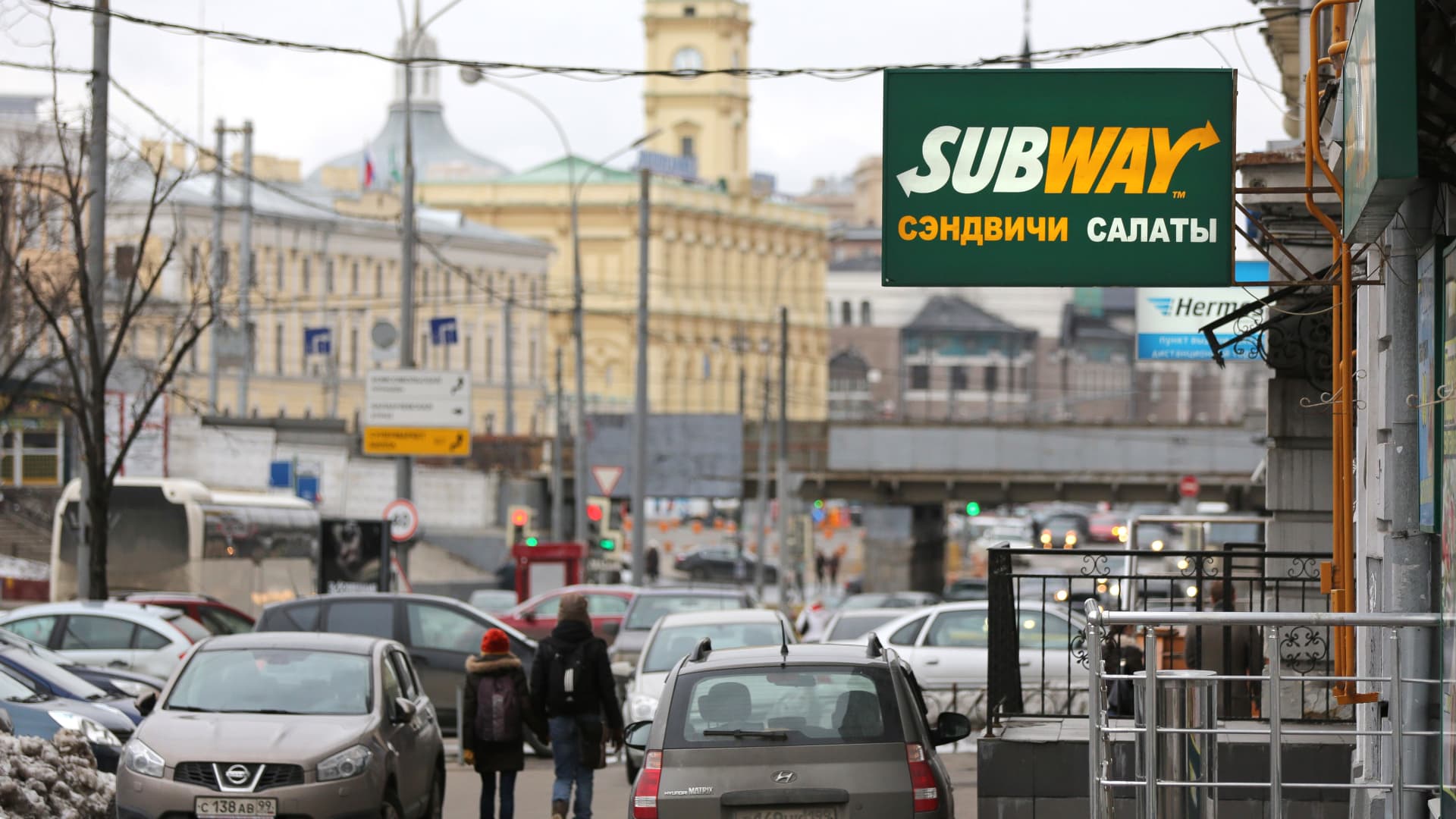 The Subway name appears in Russian on a sign outside a Subway fast food restaurant in Moscow, Russia, on Sunday, April 7, 2013.