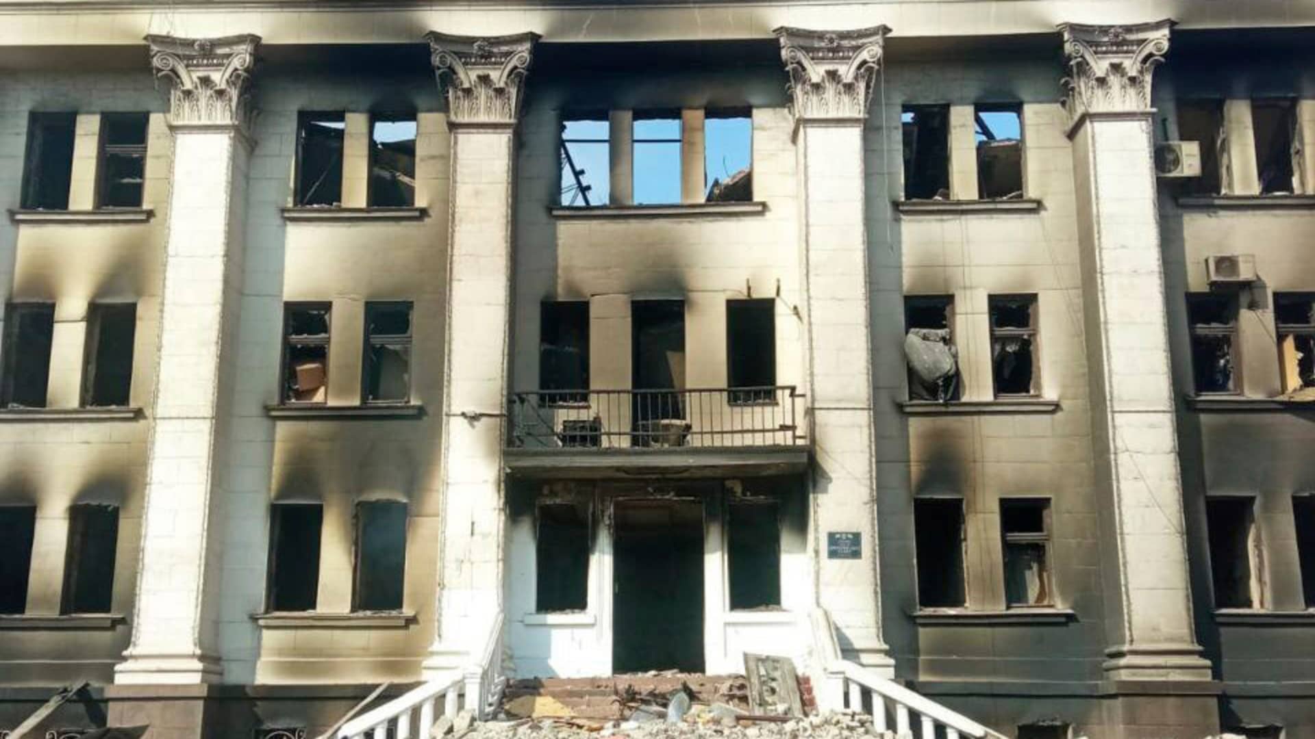 This image made available by Azov Battalion, shows the drama theater, damaged after shelling, in Mariupol, Ukraine, Thursday March 17, 2022. Rescuers are searching for survivors in the ruins of a theater ripped apart by Russian airstrikes.