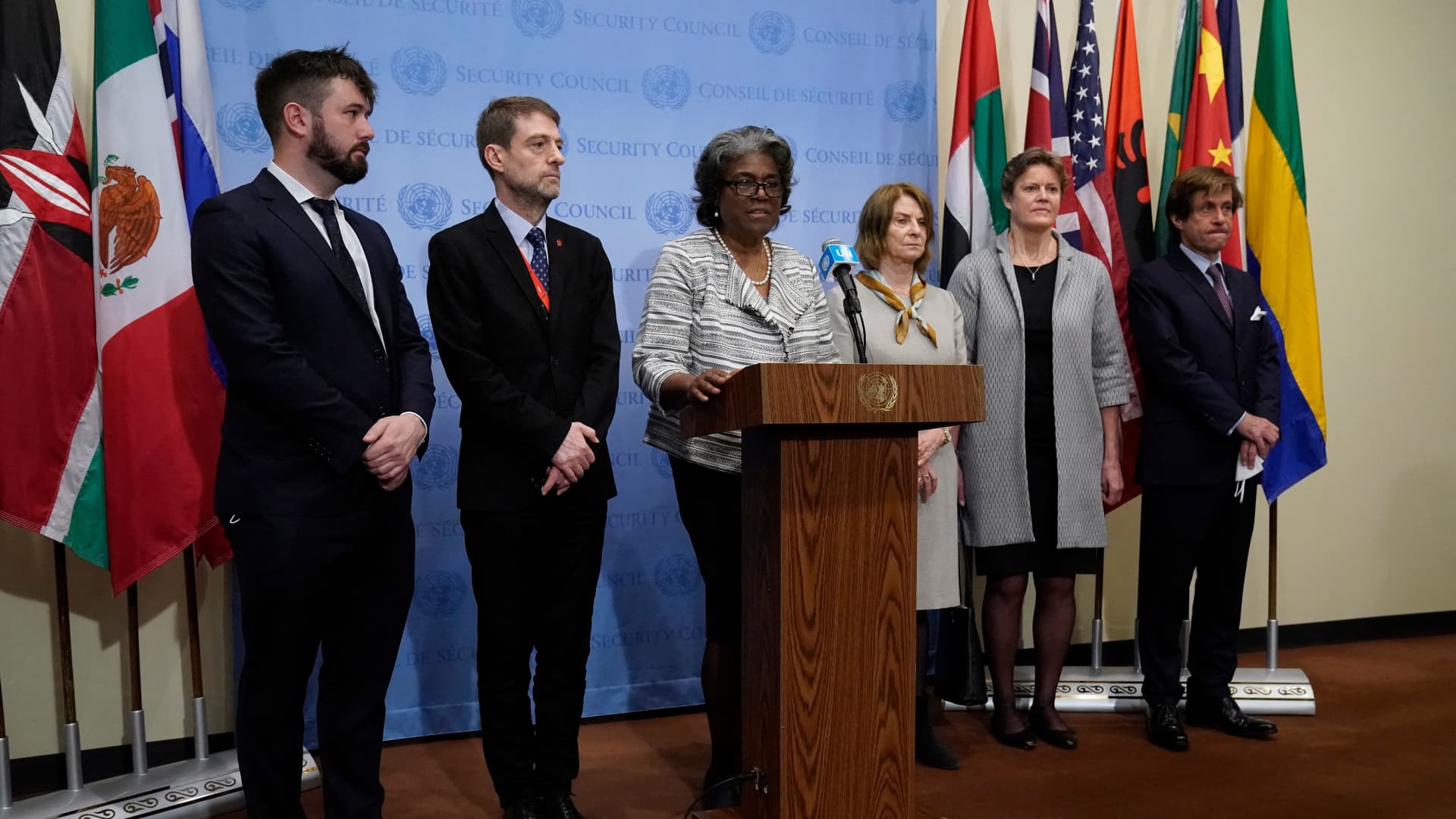 Linda Thomas-Greenfield, US Ambassador to the United Nations delivers a joint statement on behalf of Albania, France, Ireland, Norway, UK, and the United States before a meeting of the UN Security Council on threats to international peace and security, March 18 2022 in New York.