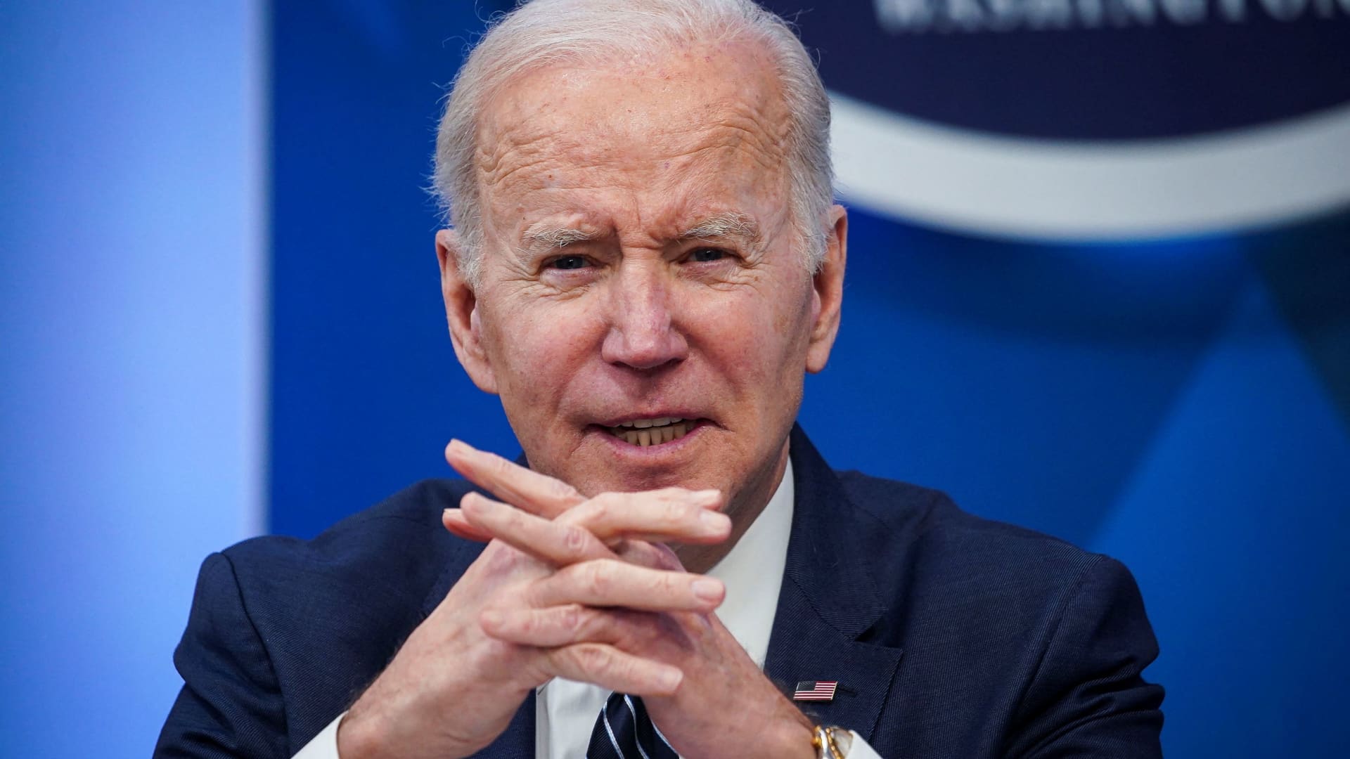 U.S. President Joe Biden speaks during a meeting about ARPA-H, a health research agency that seeks to accelerate progress on curing cancer and additional health innovations, in the South Court Auditorium on the White House complex, in Washington, March 18, 2022.