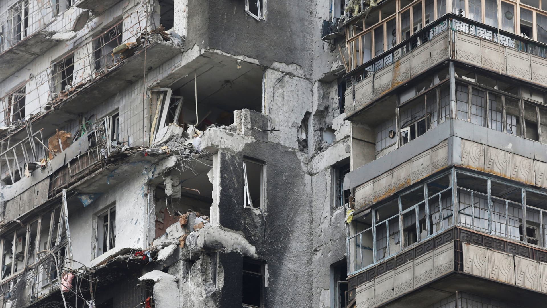 A view shows a residential building which was damaged during Ukraine-Russia conflict in the besieged southern port city of Mariupol, Ukraine March 18, 2022.