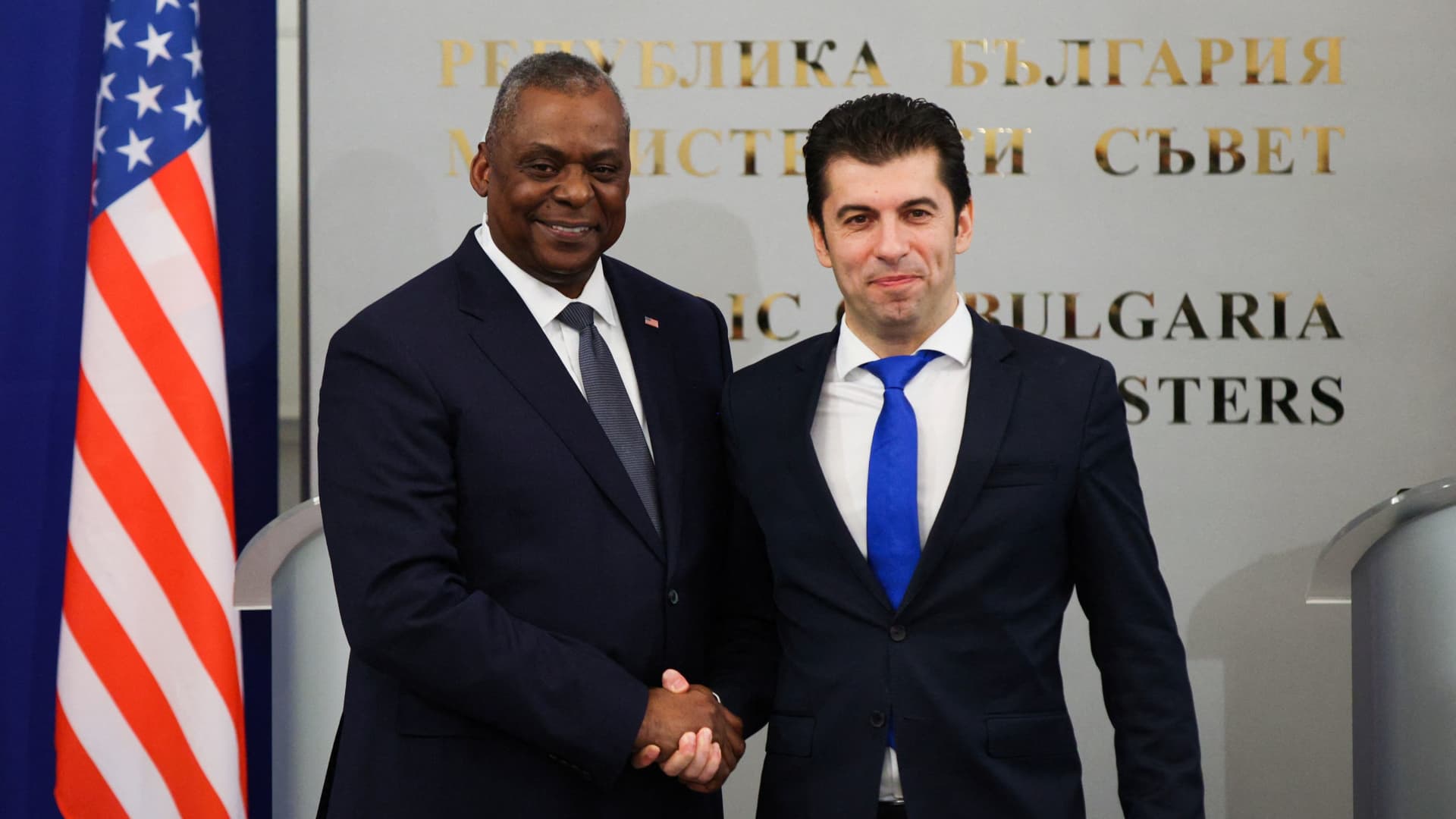 U.S. Secretary of Defense Lloyd Austin shakes hands with Bulgarian Prime Minister Kiril Petkov, in Sofia, Bulgaria, March 19, 2022.