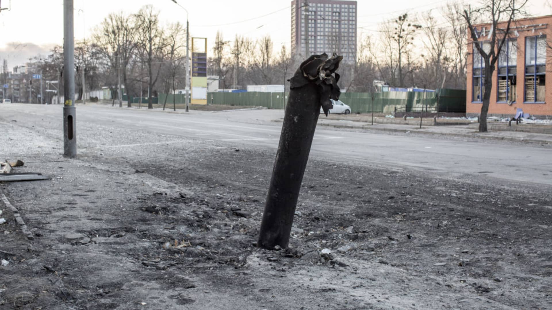 The debris of an exploded device remains on the street in Dorohozhychi, Shevchenko district in Kyiv, Ukraine, March 18th, 2022.