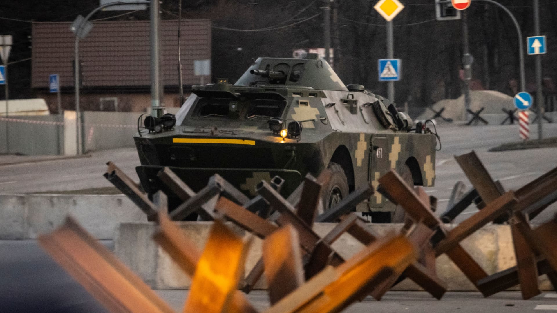 A Ukranian armoured vehicle drives along a road in the Ukranian capital Kyiv on March 19, 2022.
