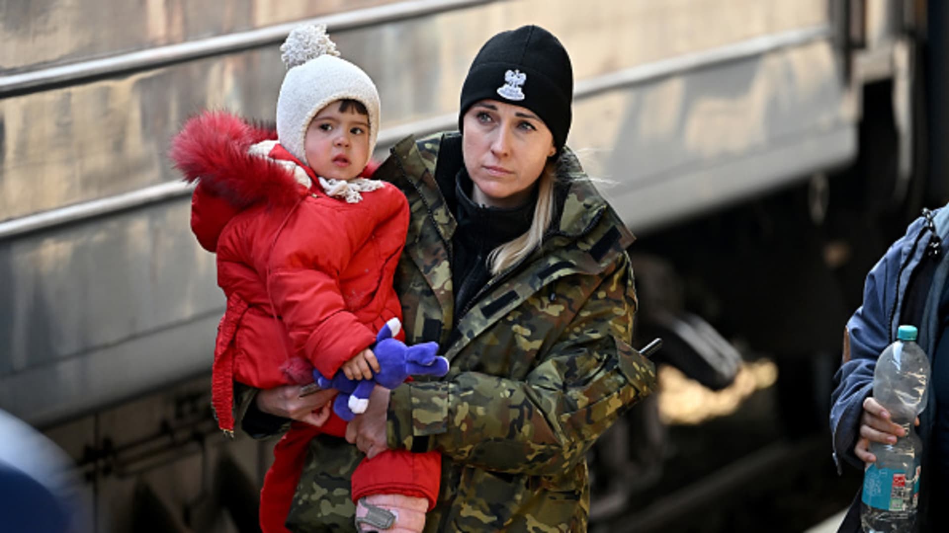 People, mainly women and children, arrive at Przemysl train station on a train which came from Kyiv in war-torn Ukraine on March 20, 2022 in Przemysl, Poland.