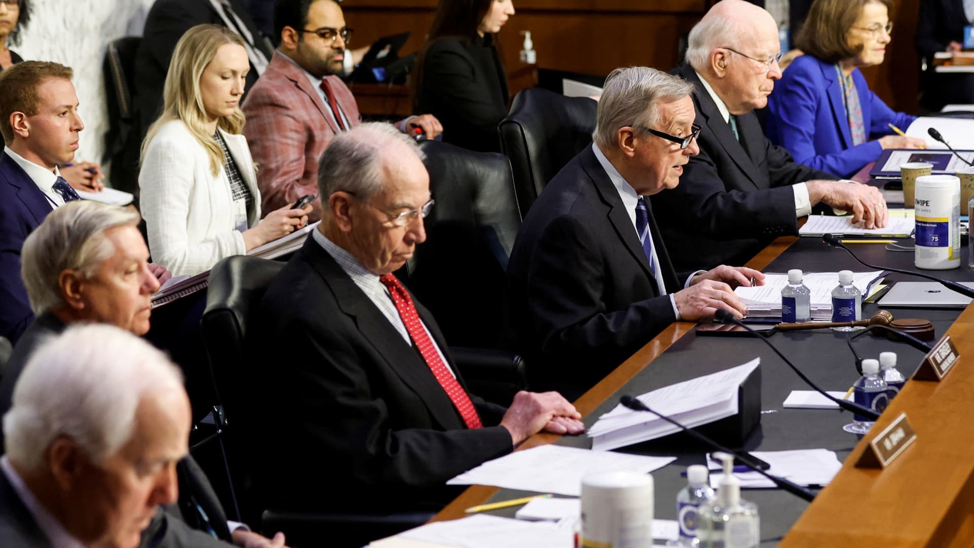 U.S. Senate Judiciary Committee Chair Dick Durbin (D-IL) is flanked by committee members as he presides during a Senate Judiciary Committee confirmation hearing on Judge Ketanji Brown Jackson's nomination to the U.S. Supreme Court, on Capitol Hill in Washington, March 21, 2022.