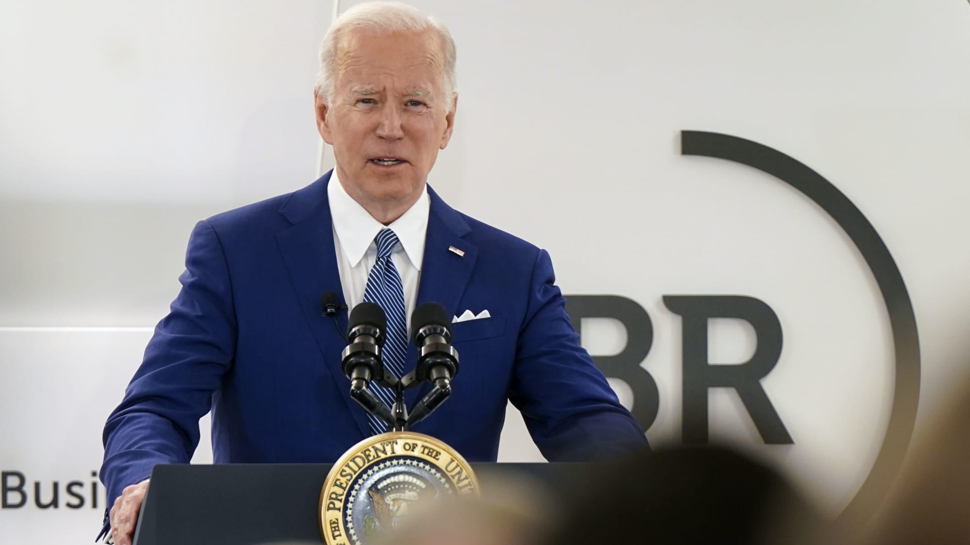U.S. President Joe Biden speaks while joining the Business Roundtable's chief executive officer quarterly meeting in Washington, D.C., U.S., on Monday, March 21, 2022.