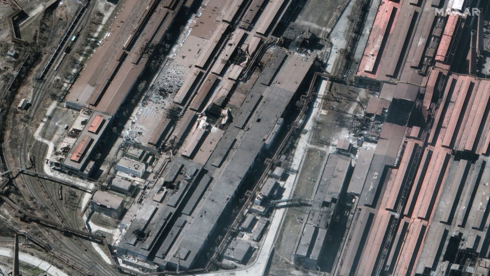 Maxar satellite imagery shows closer view of damaged Azovstal Metallurgical factory buildings in Mariupol, Ukraine.