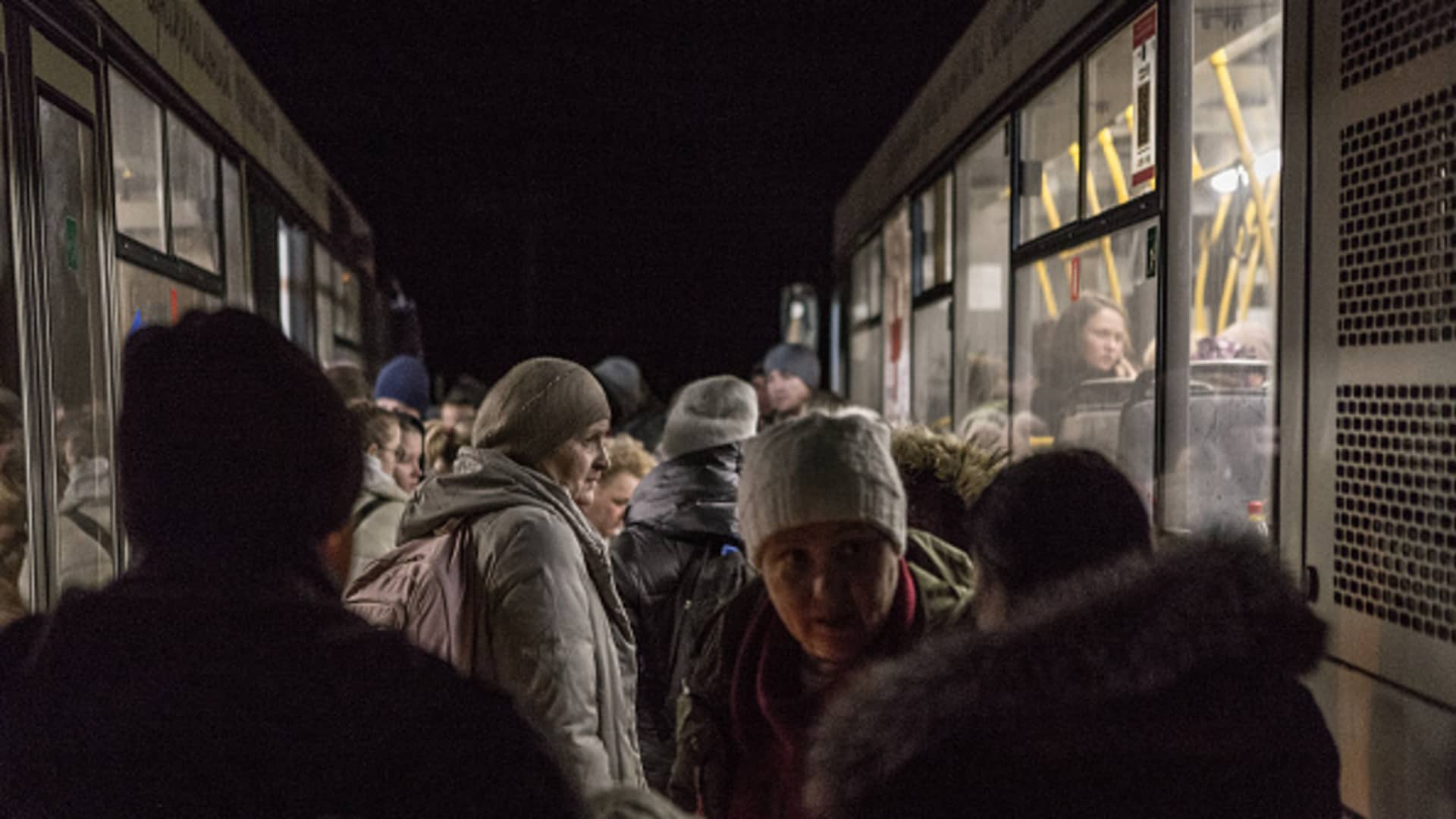 15 buses arrive from Mariupol, evacuating over 1,000 people due to ongoing Russian attacks in Zaporizzja, Ukraine on March 22, 2022.