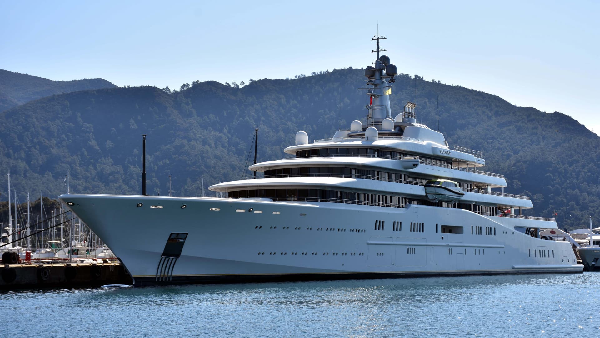 Eclipse, the private luxury yacht of Russian billionaire Roman Abramovich, anchors at Cruise Port in Marmaris district of Mugla, Turkey on March 22, 2022.