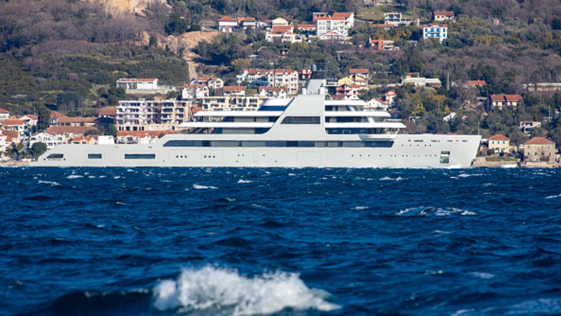 The superyacht, Solaris, owned by Roman Abramovich, seen in the waters of Porto Montenegro on March 12, 2022 in Tivat, Montenegro, before later relocating to Bodrum, Turkey.