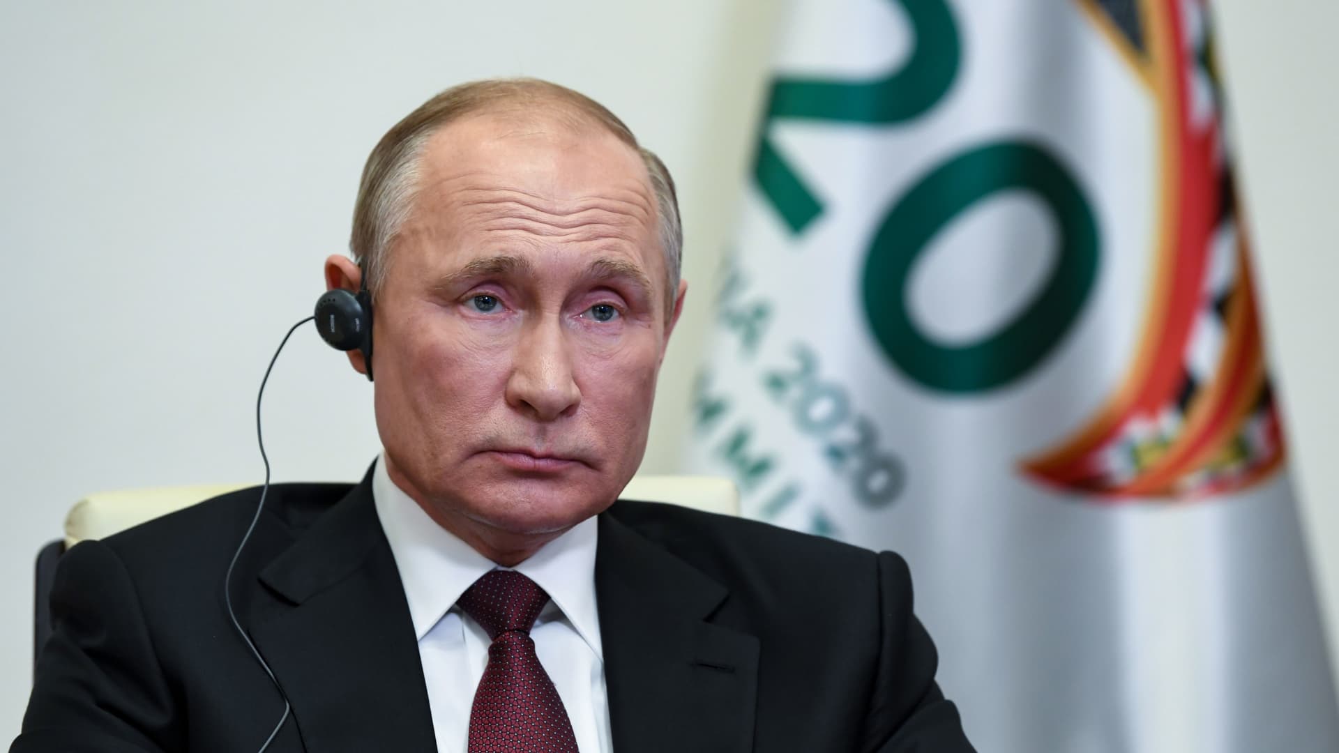 Russian President Vladimir Putin attends the G20 summit hosted by Saudi Arabia via video conference at the Novo-Ogaryovo state residence, outside Moscow, Russia, on November 21, 2020.