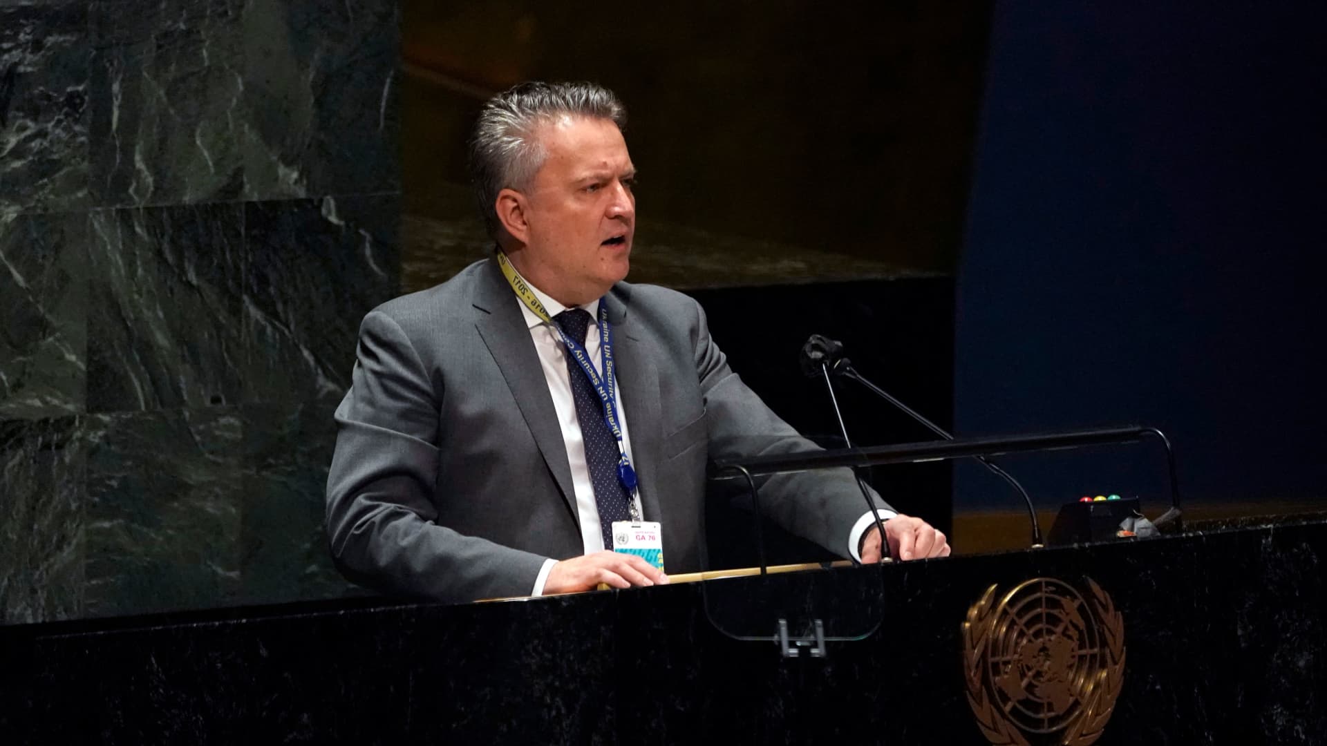Ukraine's UN Ambassador Sergiy Kyslytsya speaks during a General Assembly Emergency Special Session on Ukraine at the United Nations in New York on March 23, 2022.