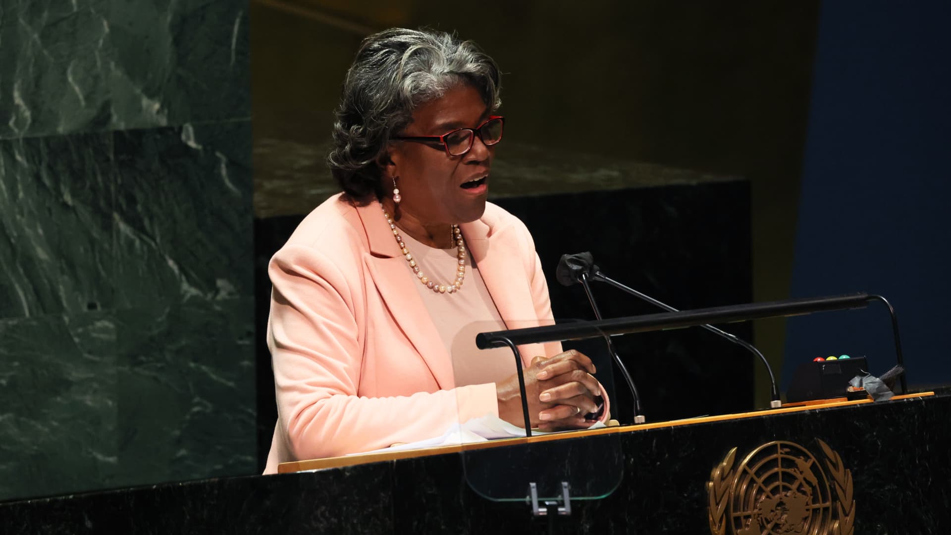 Linda Thomas-Greenfield, United States Ambassador to the United Nations, addresses the United Nations General Assembly during a special session at the United Nations headquarters on March 23, 2022 in New York City.
