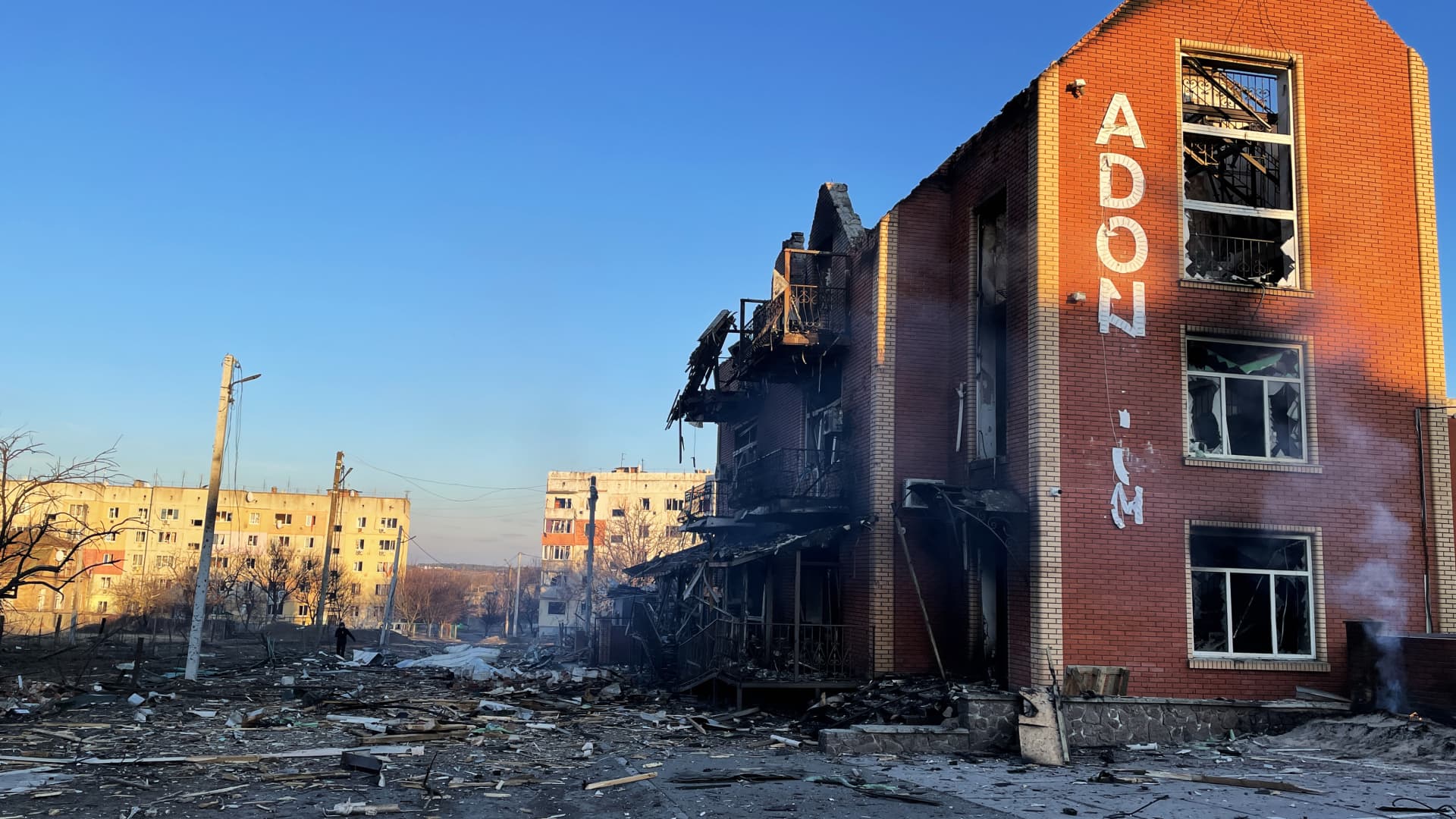 A Makariv residential building destroyed by Russian shelling is shown in an image taken March 16, 2022. The town near Kyiv is the scene of more fighting this week.