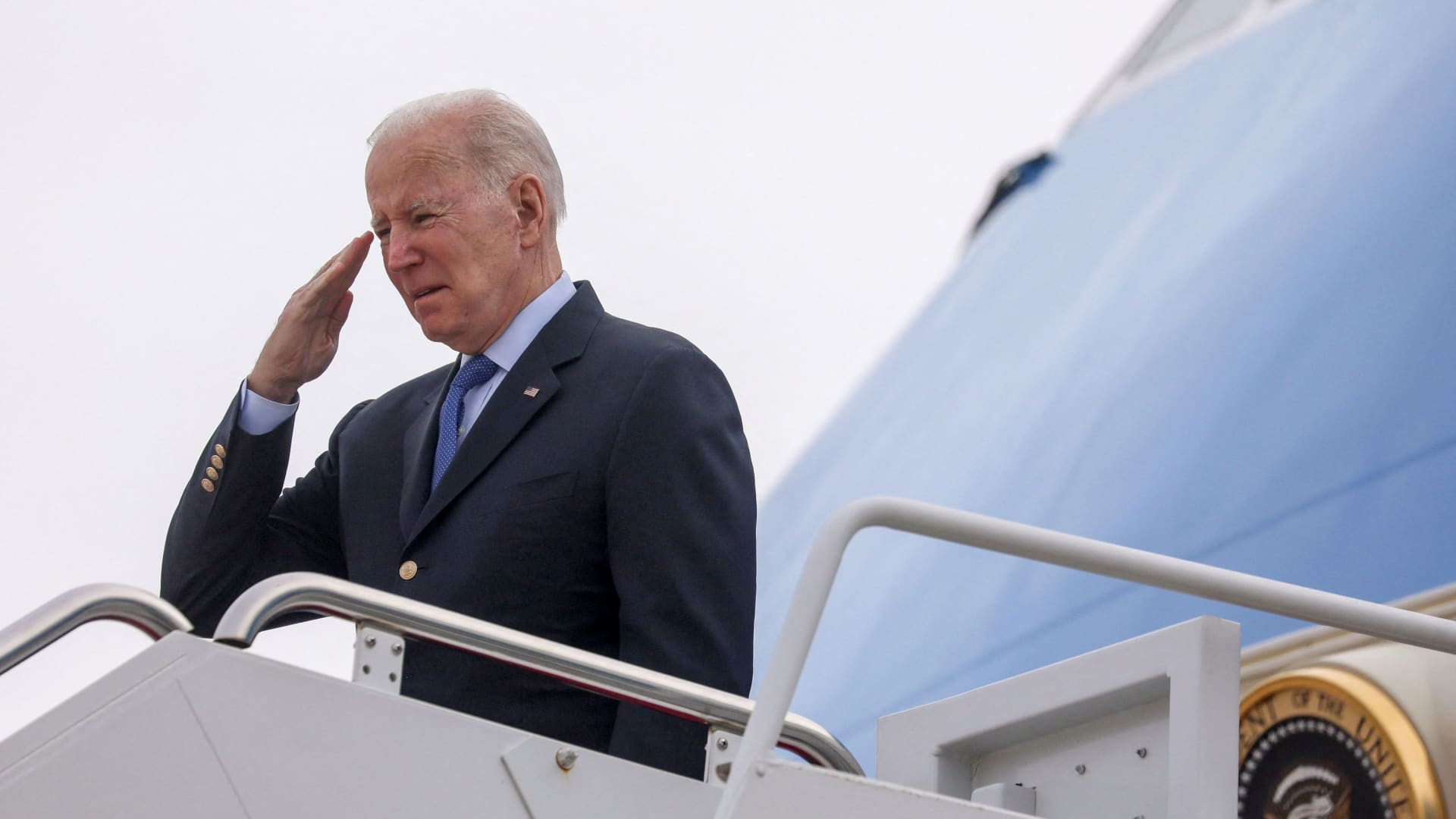 U.S. President Joe Biden boards Air Force One at Joint Base Andrews in Maryland en route to Brussels, Belgium, where he will attend and deliver remarks at an extraordinary NATO summit to discuss ongoing deterrence and defense efforts in response to Russia's attack on Ukraine, March 23, 2022.