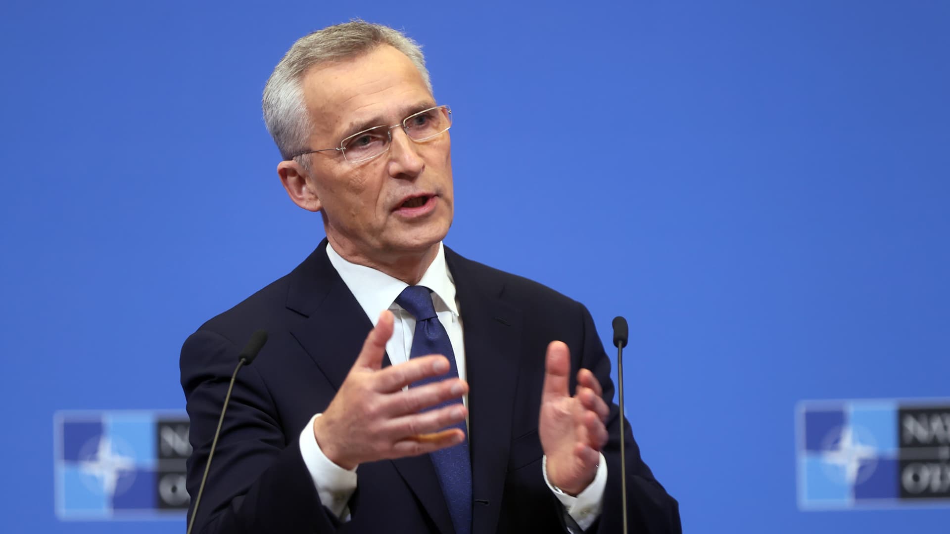 NATO Secretary General Jens Stoltenberg gives a press conference after the Extraordinary Summit of NATO Heads of State and Government in Brussels, Belgium on March 24, 2022.