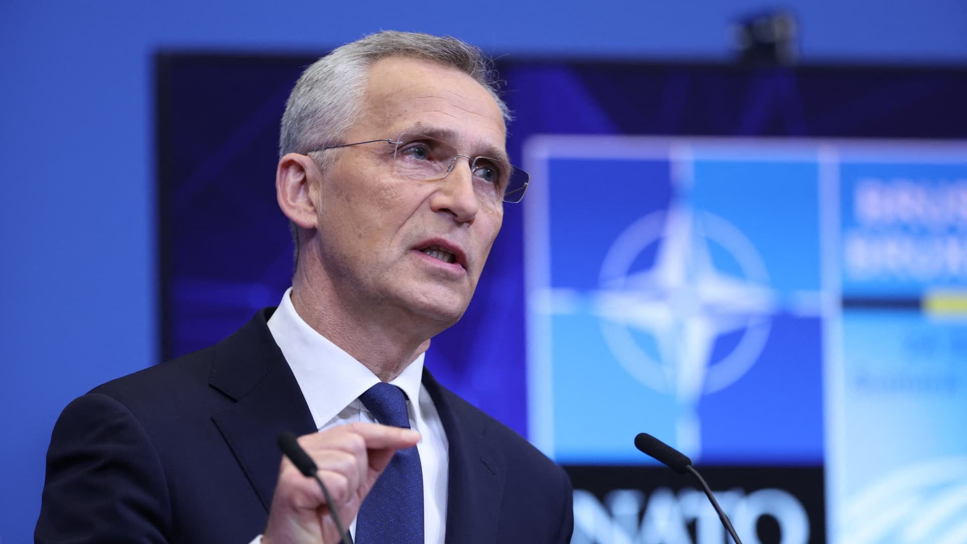 NATO Secretary General Jens Stoltenberg addresses a press conference at NATO Headquarters in Brussels on March 24, 2022.