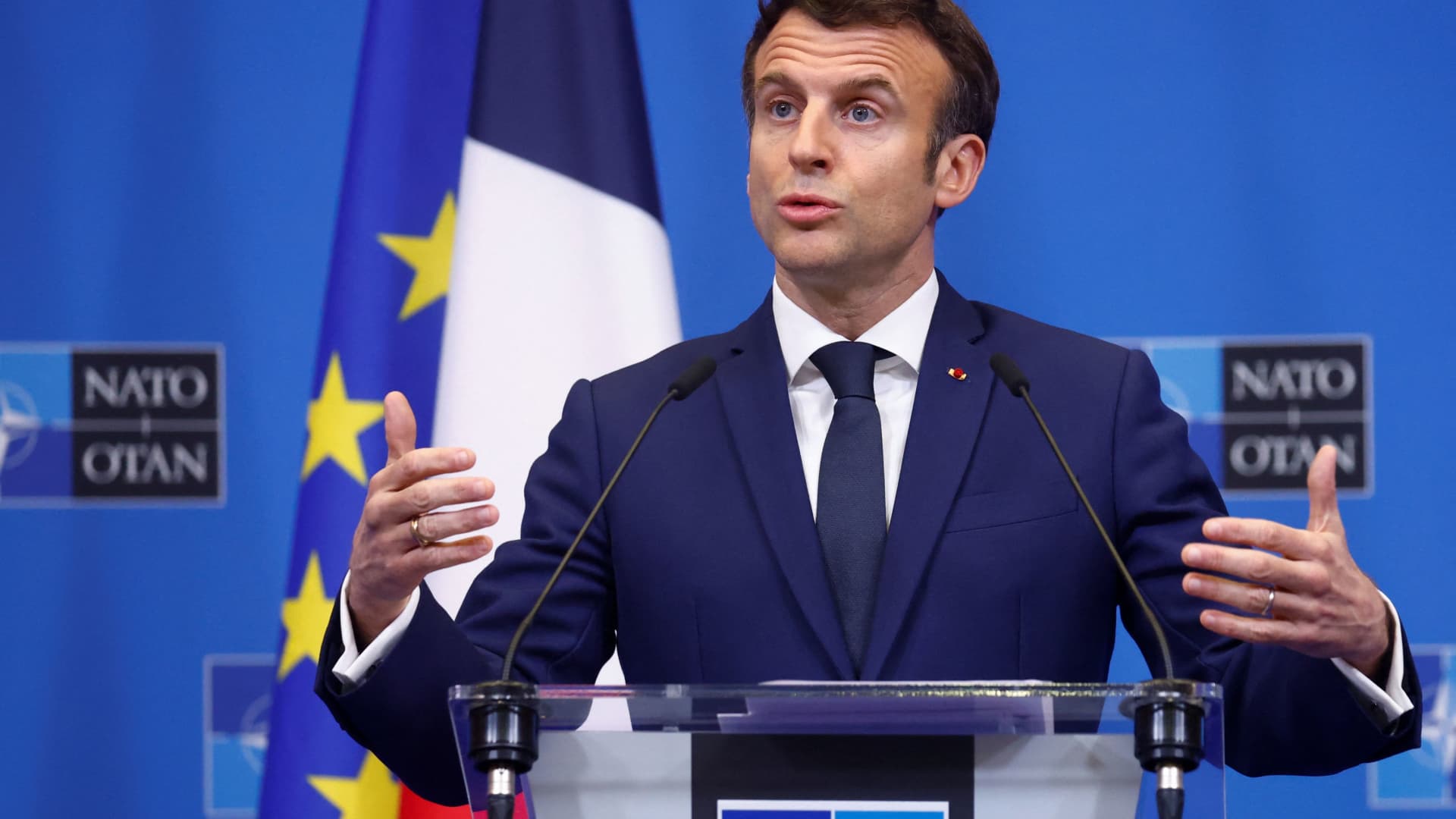 French President Emmanuel Macron speaks during a news conference following a NATO summit, in Brussels, Belgium, March 24, 2022.
