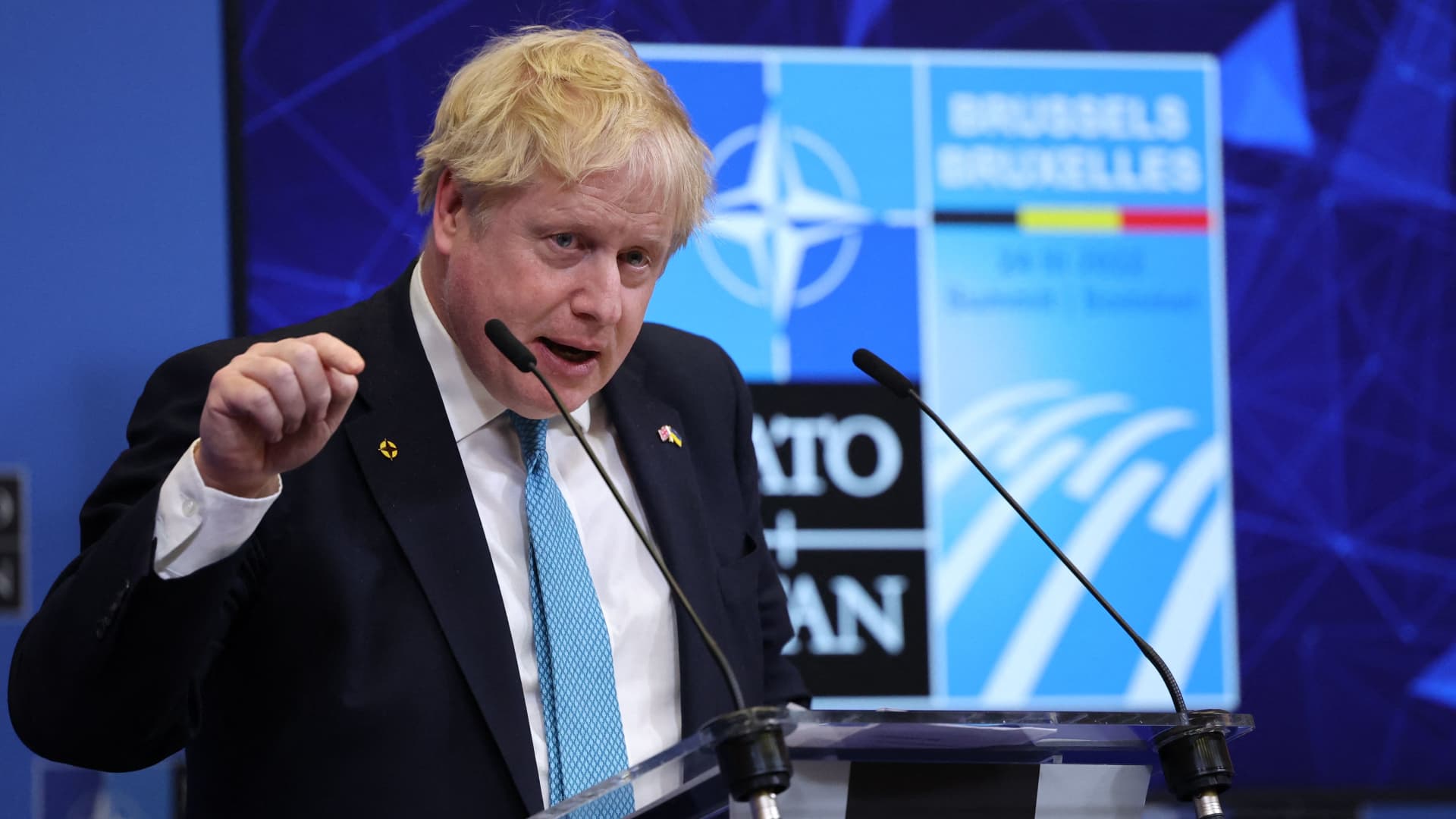 Britain's Prime Minister Boris Johnson speaks during a press conference at NATO Headquarters in Brussels on March 24, 2022.