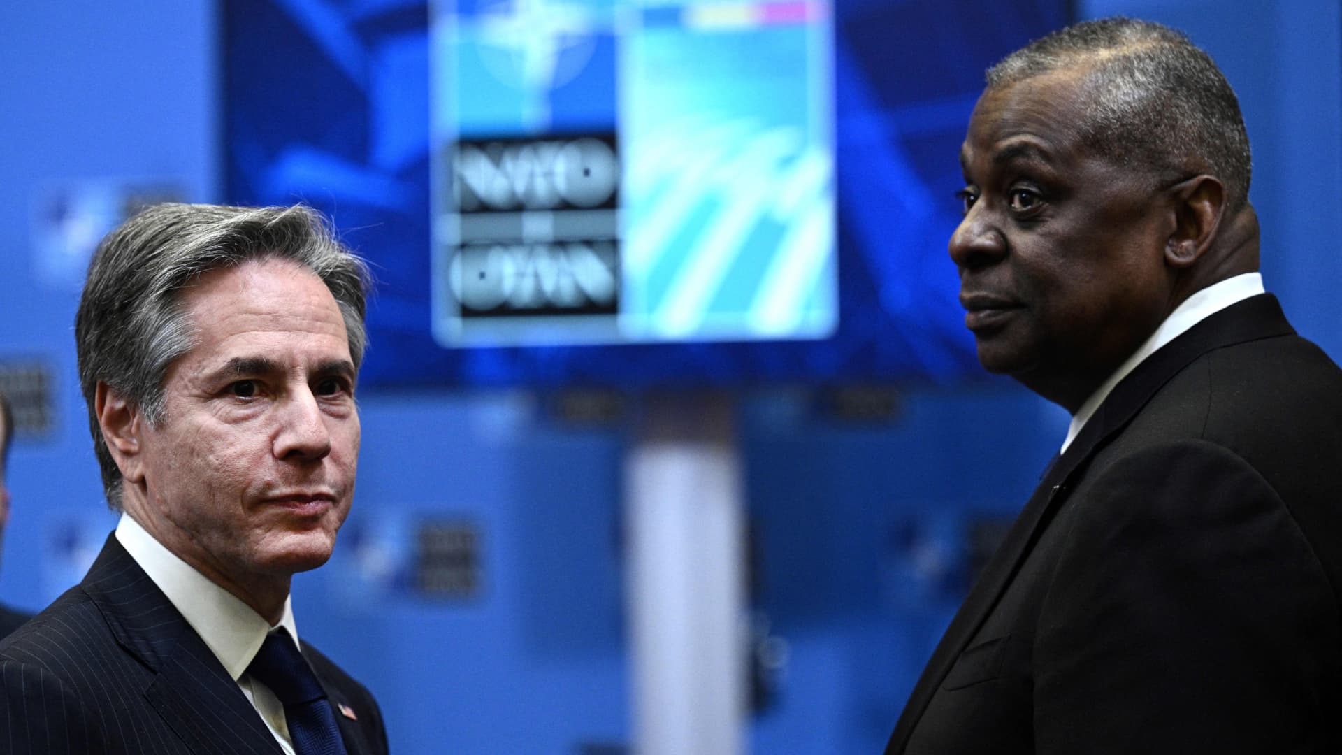 US Secretary of Defence Lloyd Austinand US Secretary of State Antony Blinken look on ahead of a press conference by the US President at NATO Headquarters in Brussels on March 24, 2022.