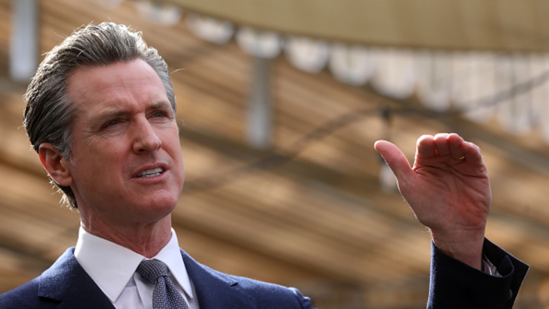 California Governor Gavin Newsom speaks at a press conference in Oakland, California, on Wednesday, on Feb. 9, 2022.