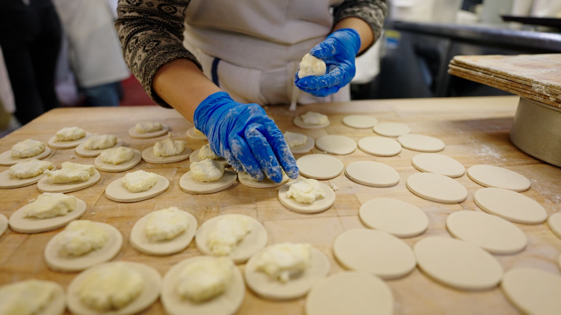 Veselka employee handmaking perogies, the Ukrainian restaurant's specialty
