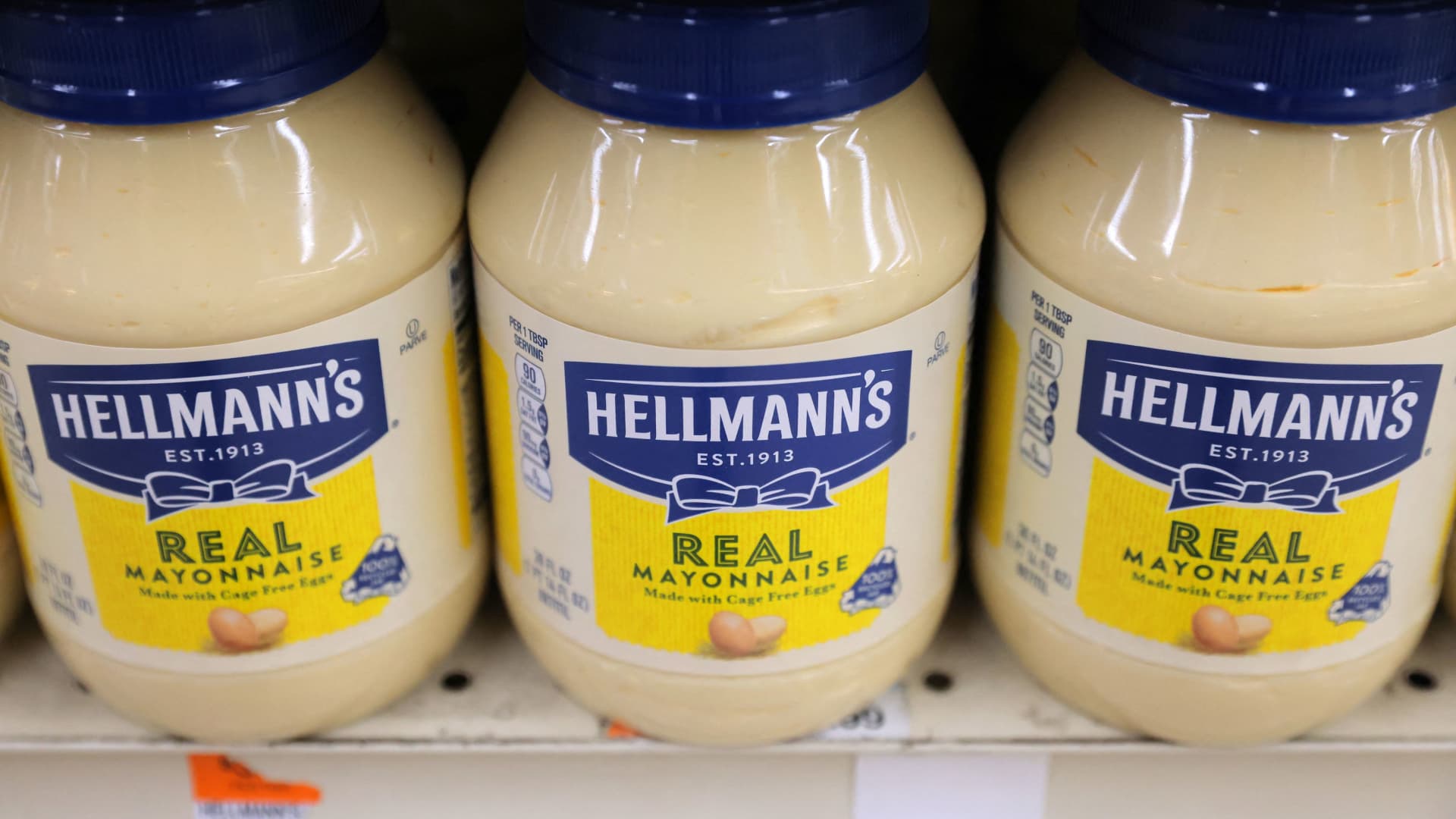 Hellmann's, a brand of Unilever, is seen on display in a store in New York, March 24, 2022.