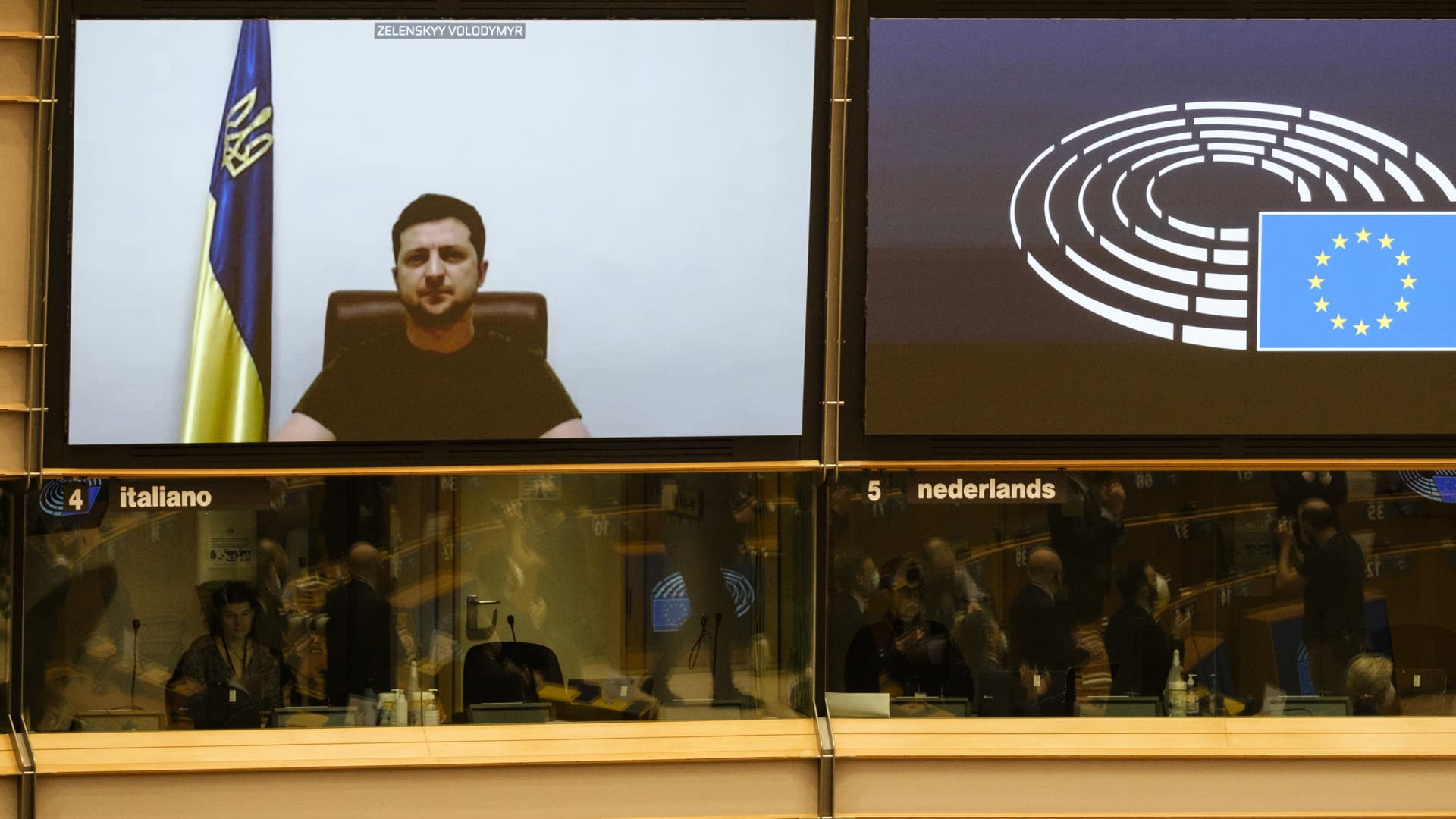 Ukrainian President Volodymyr Zelensky is seen on a screen as he delivers a speech in front of the Assembly of the European Parliament on March 1, 2022 in Brussels, Belgium.