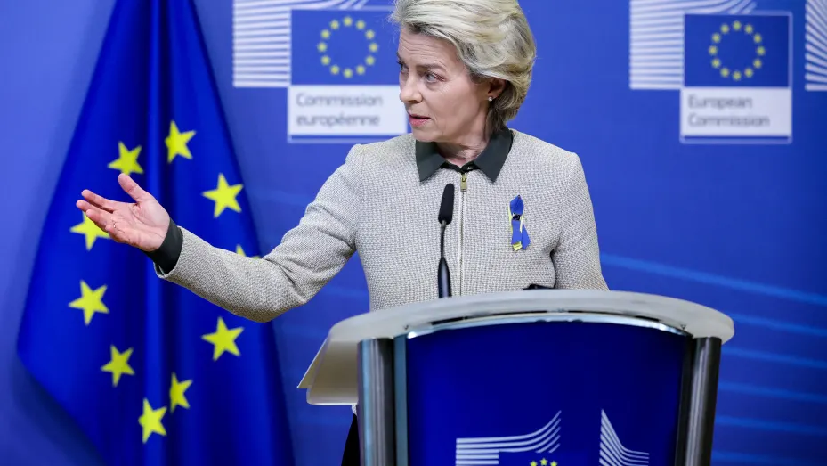 President of the European Commission Ursula von der Leyen delivers a statement in Brussels.