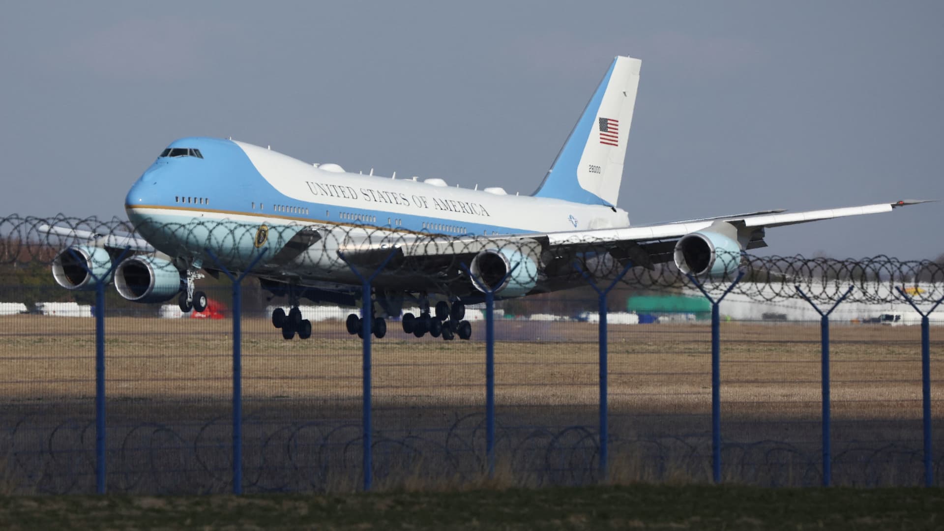 A U.S. support plane lands at Rzeszow-Jasionka Airport ahead of U.S. President Joe Biden arrival to visit Poland, amid Russia's invasion of Ukraine, near Rzeszow, Poland, March 25, 2022.