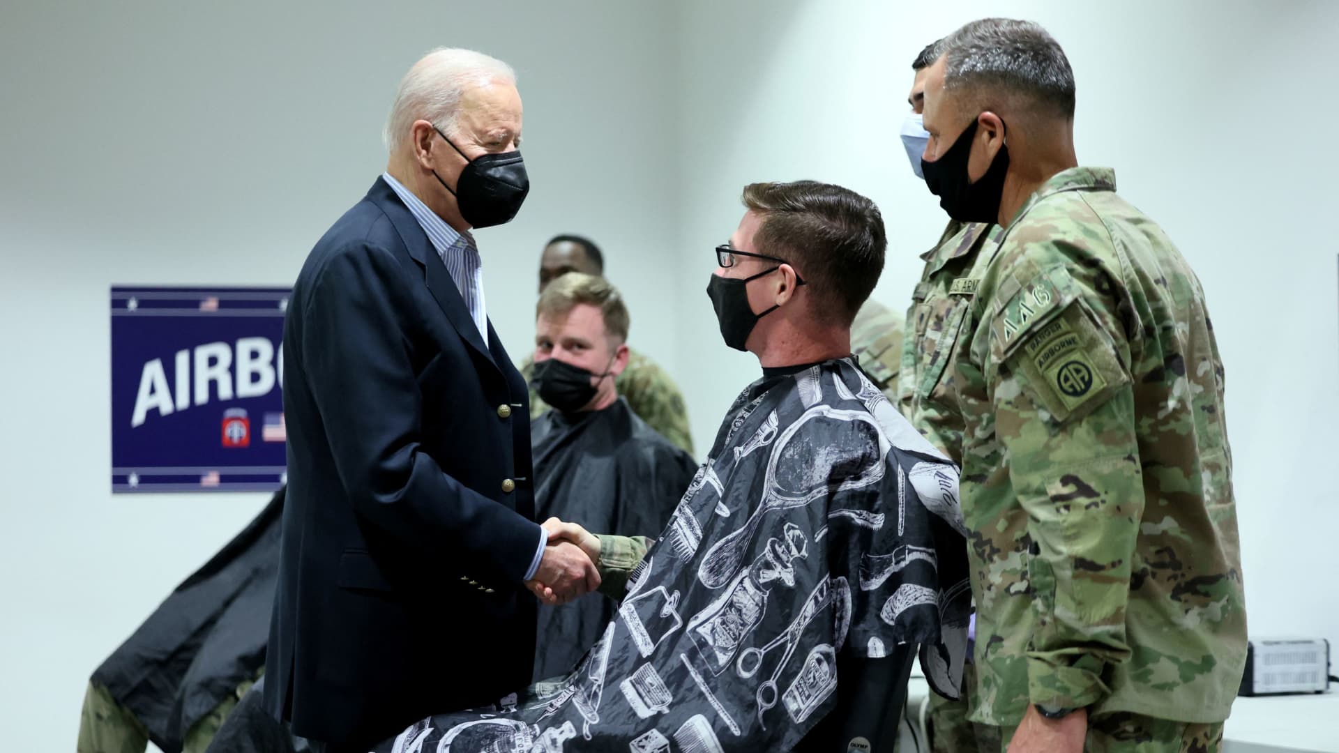 U.S. President Joe Biden meets with U.S. Army soldiers assigned to the 82nd Airborne Division at the G2 Arena in Jasionka, near Rzeszow, Poland, March 25, 2022.