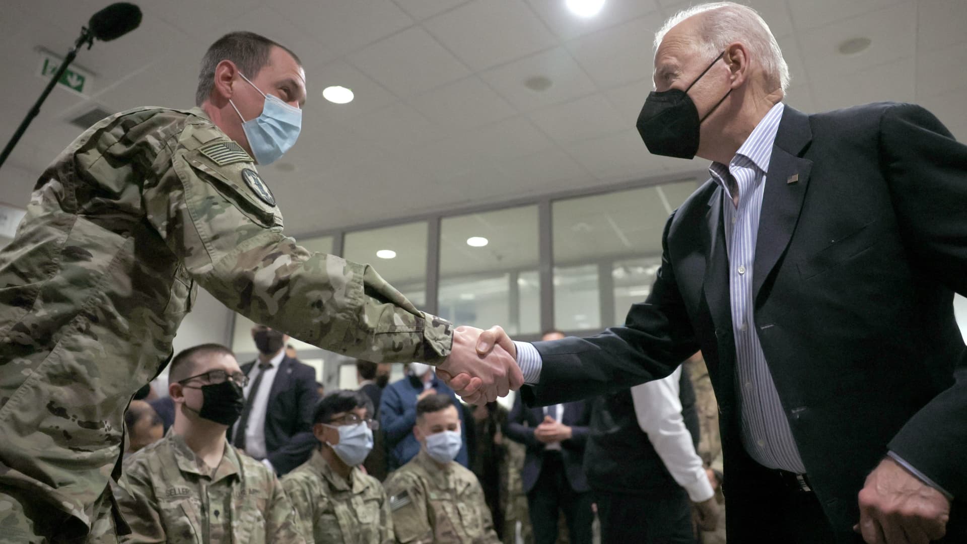 U.S. President Joe Biden meets with U.S. Army soldiers assigned to the 82nd Airborne Division at the G2 Arena in Jasionka, near Rzeszow, Poland, March 25, 2022. 